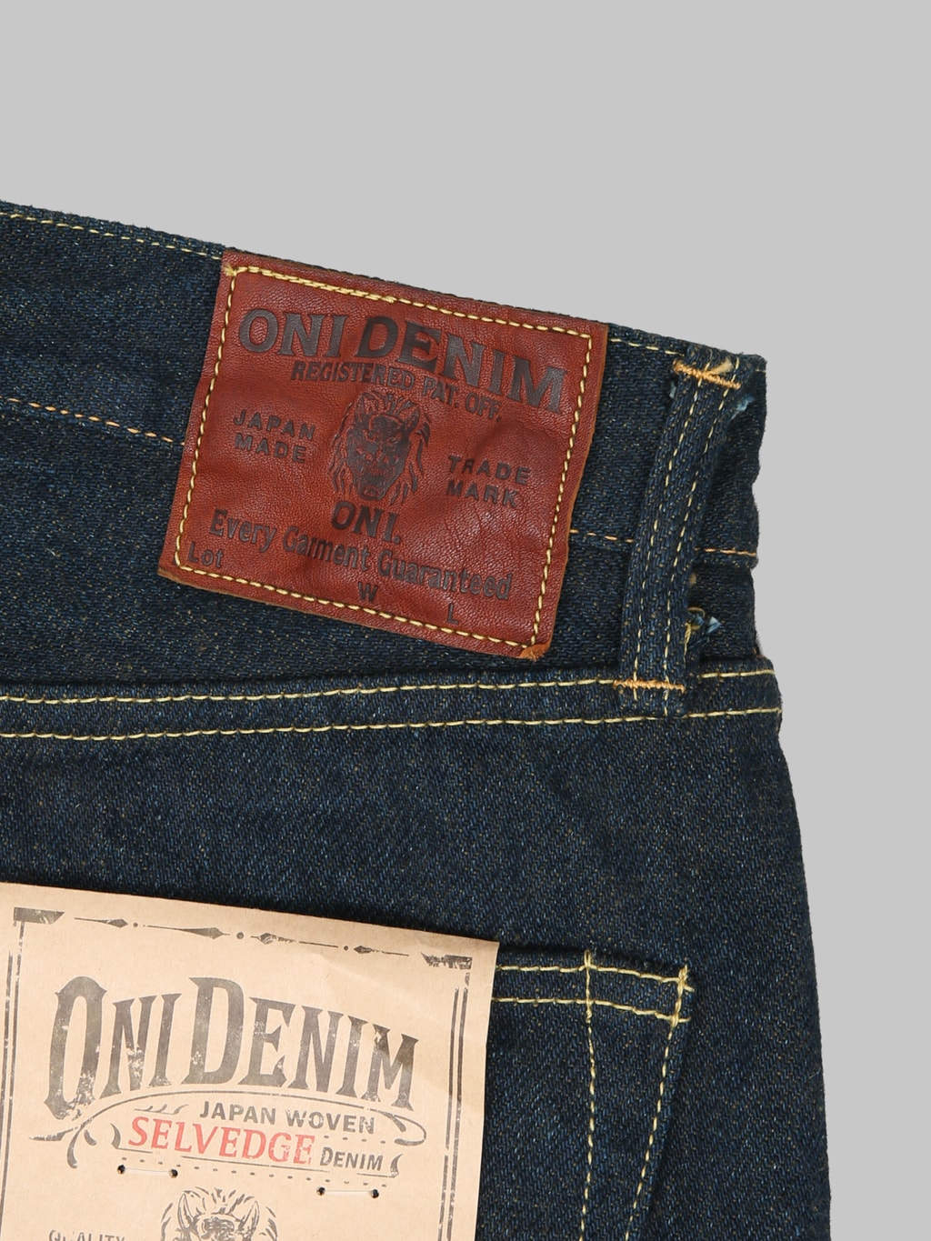 ONI Denim 288ZROLV Secret Denim Olive Weft Straight Jeans leather patch