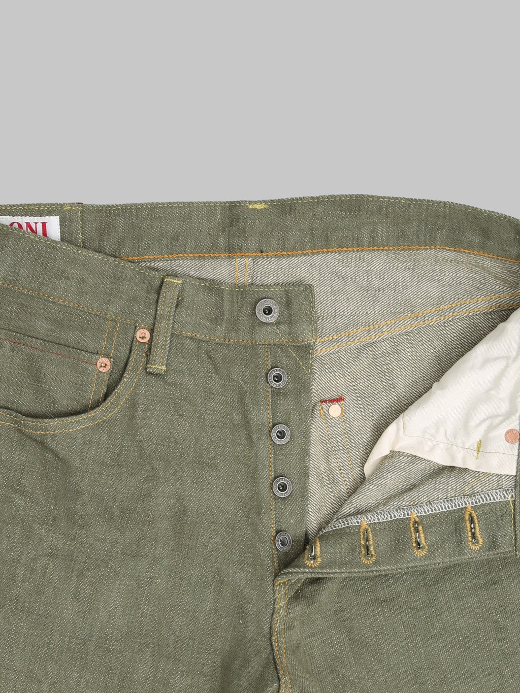 ONI Denim 822OLD18 Olive Denim Super Wide Olive Jeans buttons