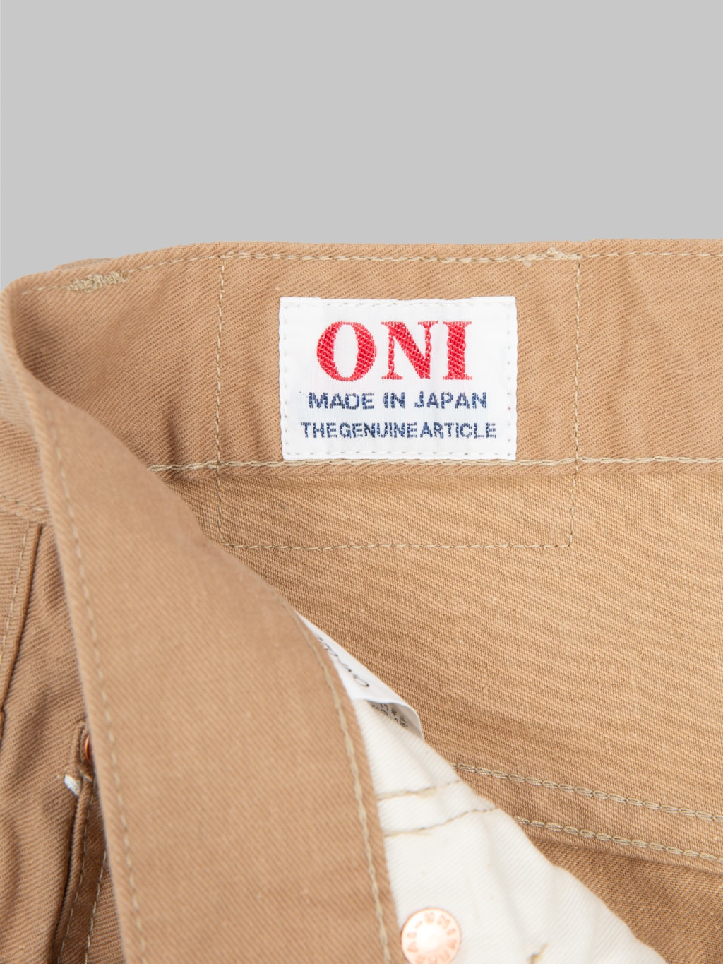 oni denim 022 khaki beige selvedge chino relax straight interior label