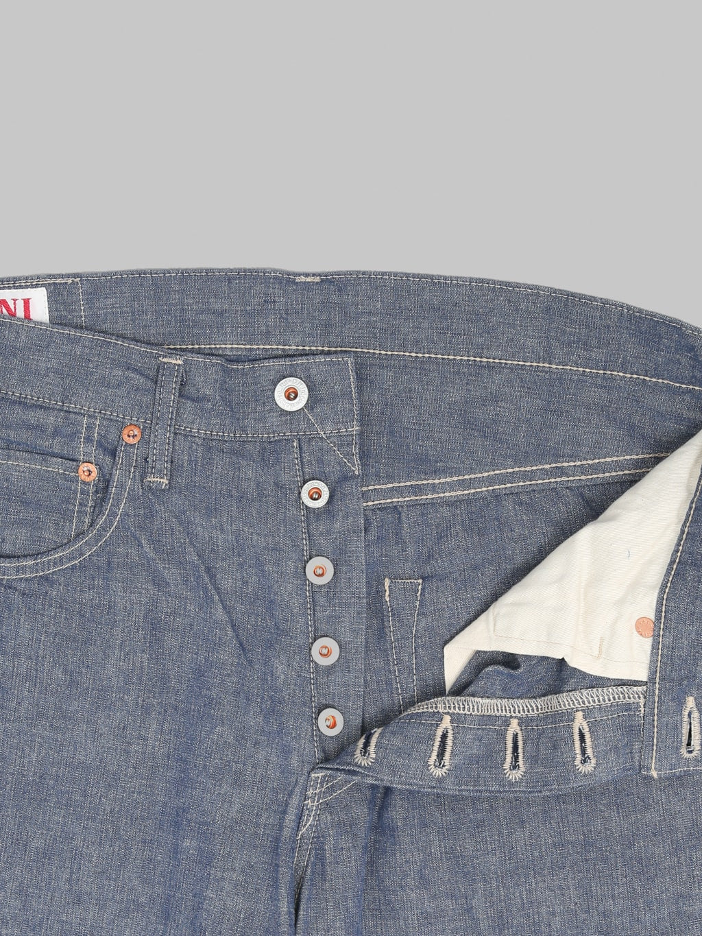 ONI Denim 200 HCSV Selvedge Chambray 8oz Wide Straight Jeans buttons