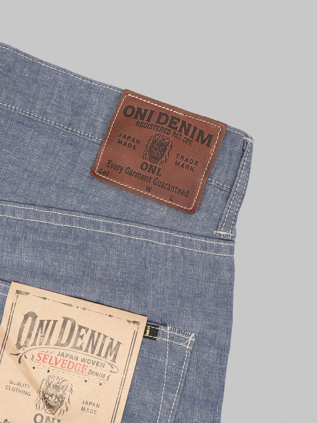 ONI Denim 200 HCSV Selvedge Chambray 8oz Wide Straight Jeans leather patch