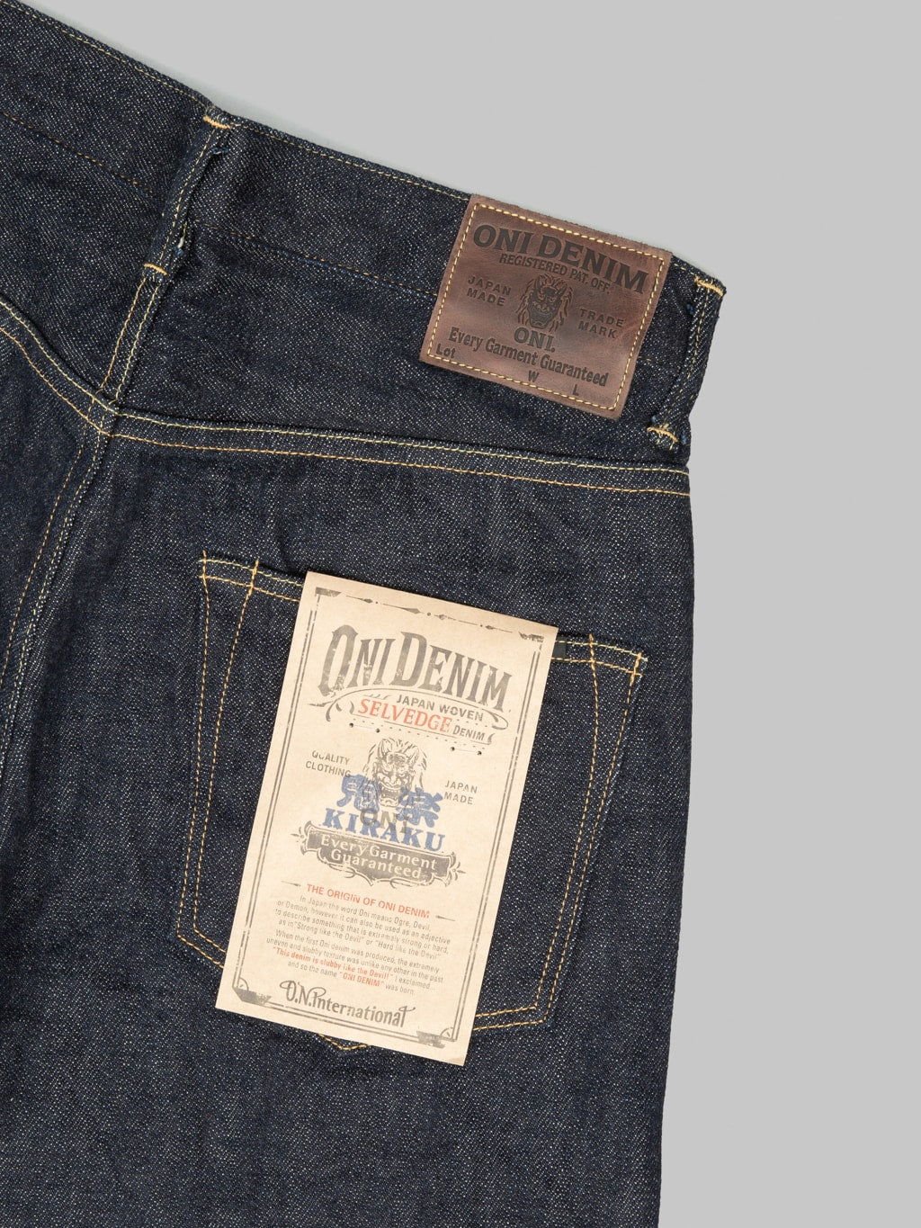 ONI Denim 222 Kiraku 12oz Wide Straight Jeans leather patch