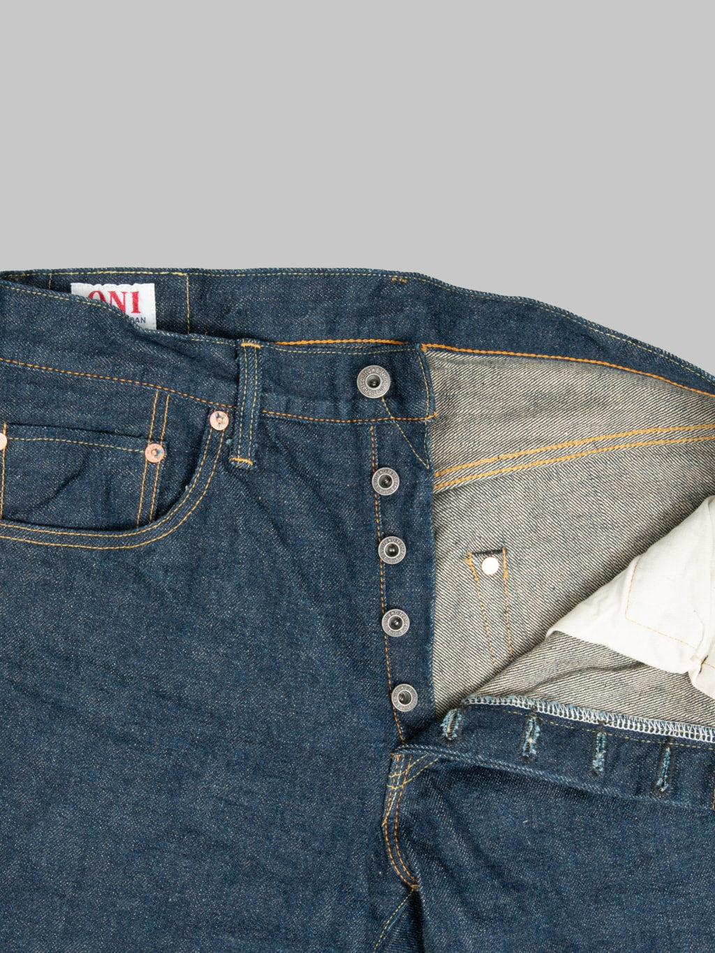 ONI Denim 270 Ishikawadai 15oz Regular Straight Jeans copper buttons