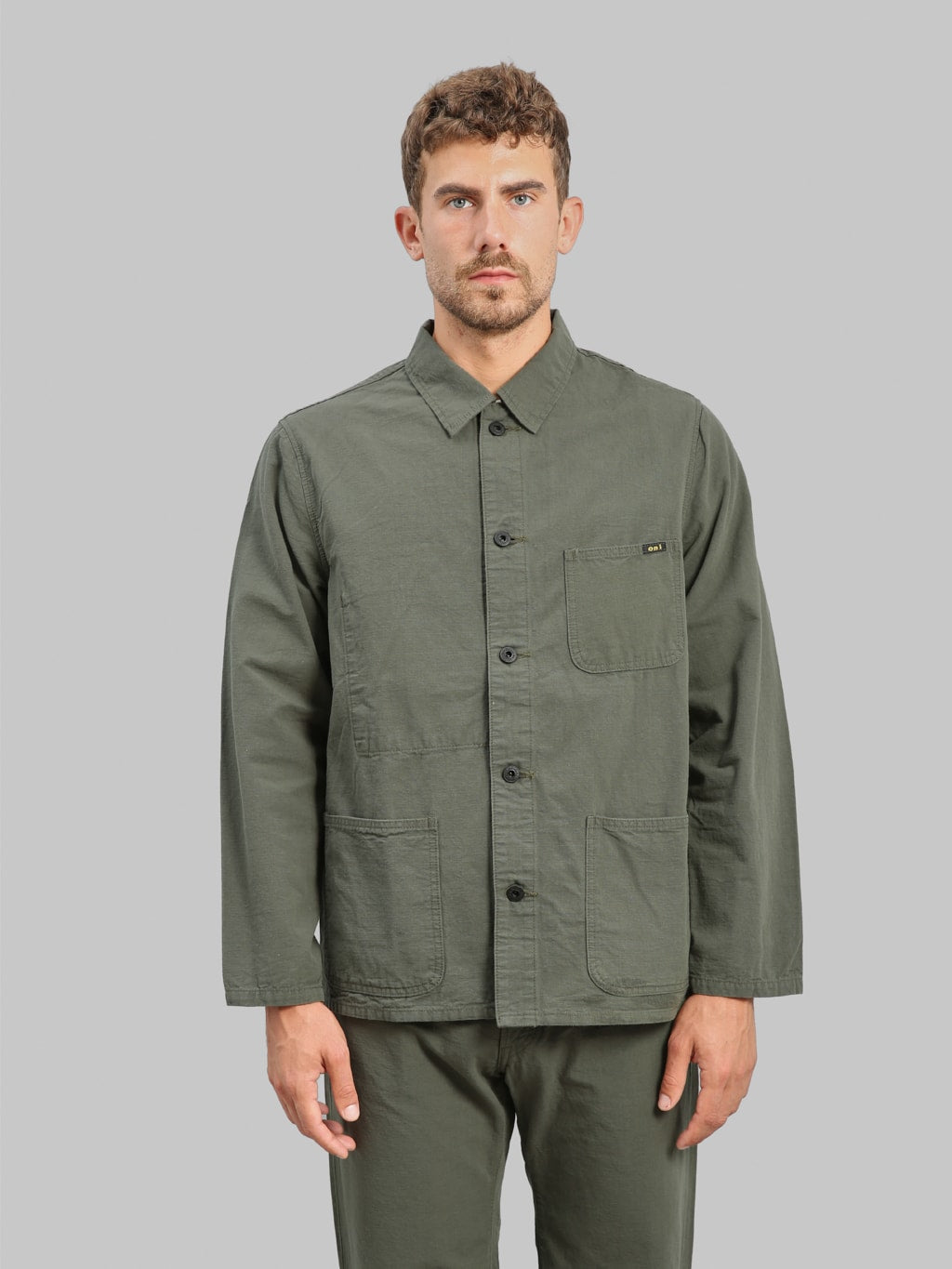 ONI Denim 03500 8GG Beta Chambray Green Gray 8oz Coverall front fit