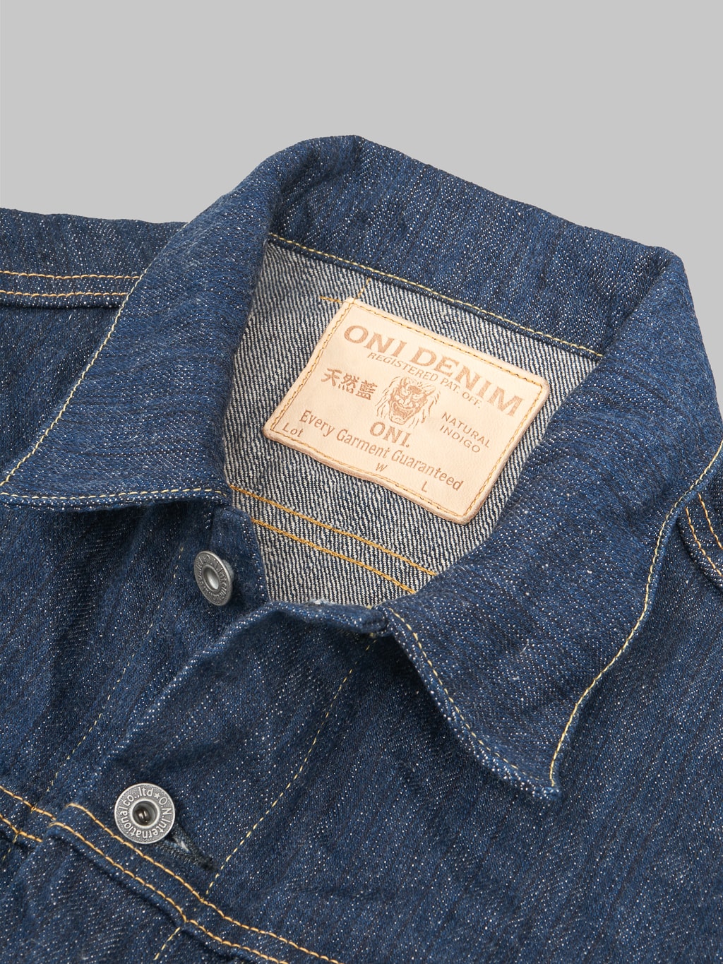 oni denim kiwami 16oz natural indigo type III jacket collar