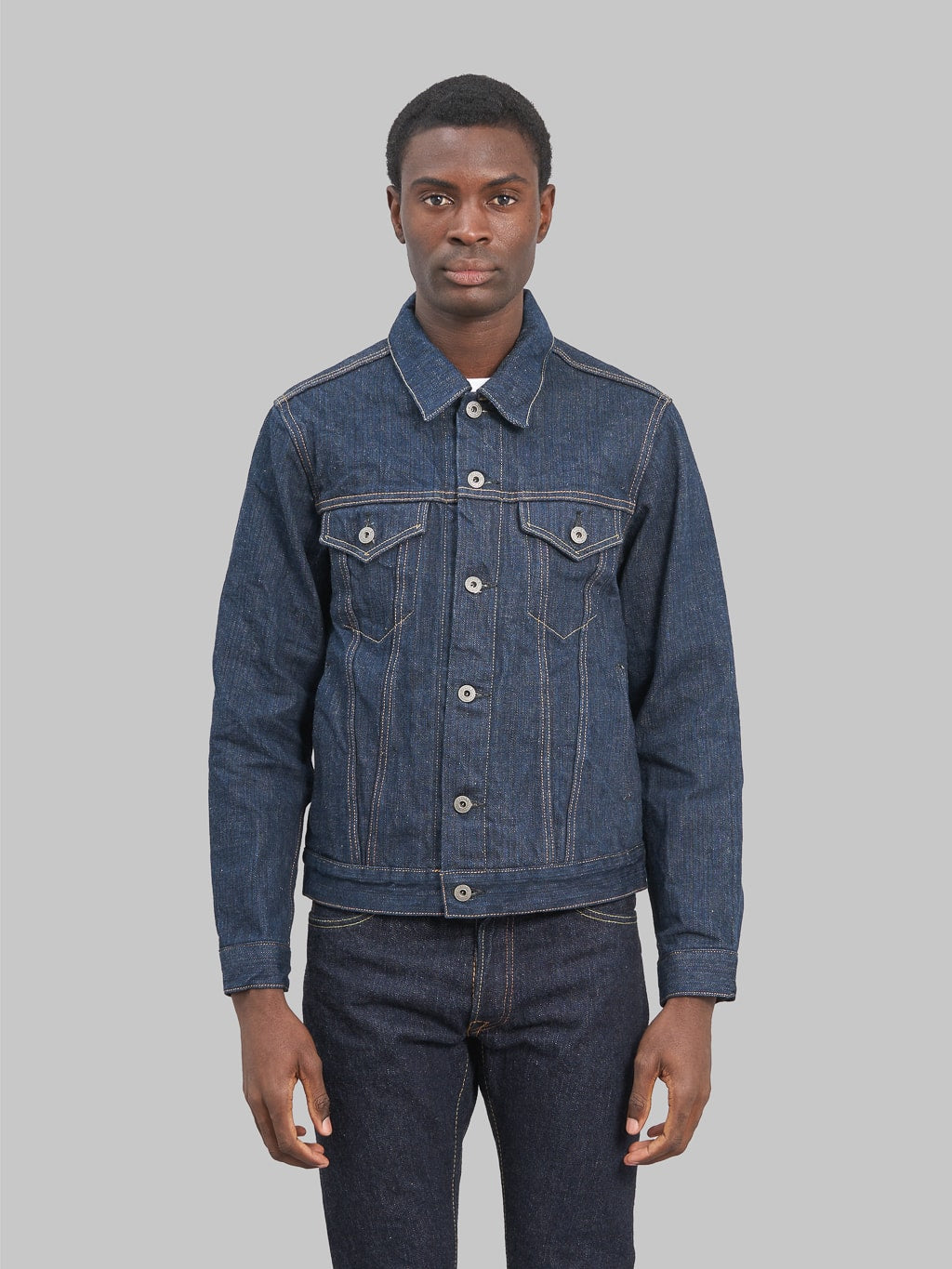 oni denim kiwami 16oz natural indigo type III jacket model fit