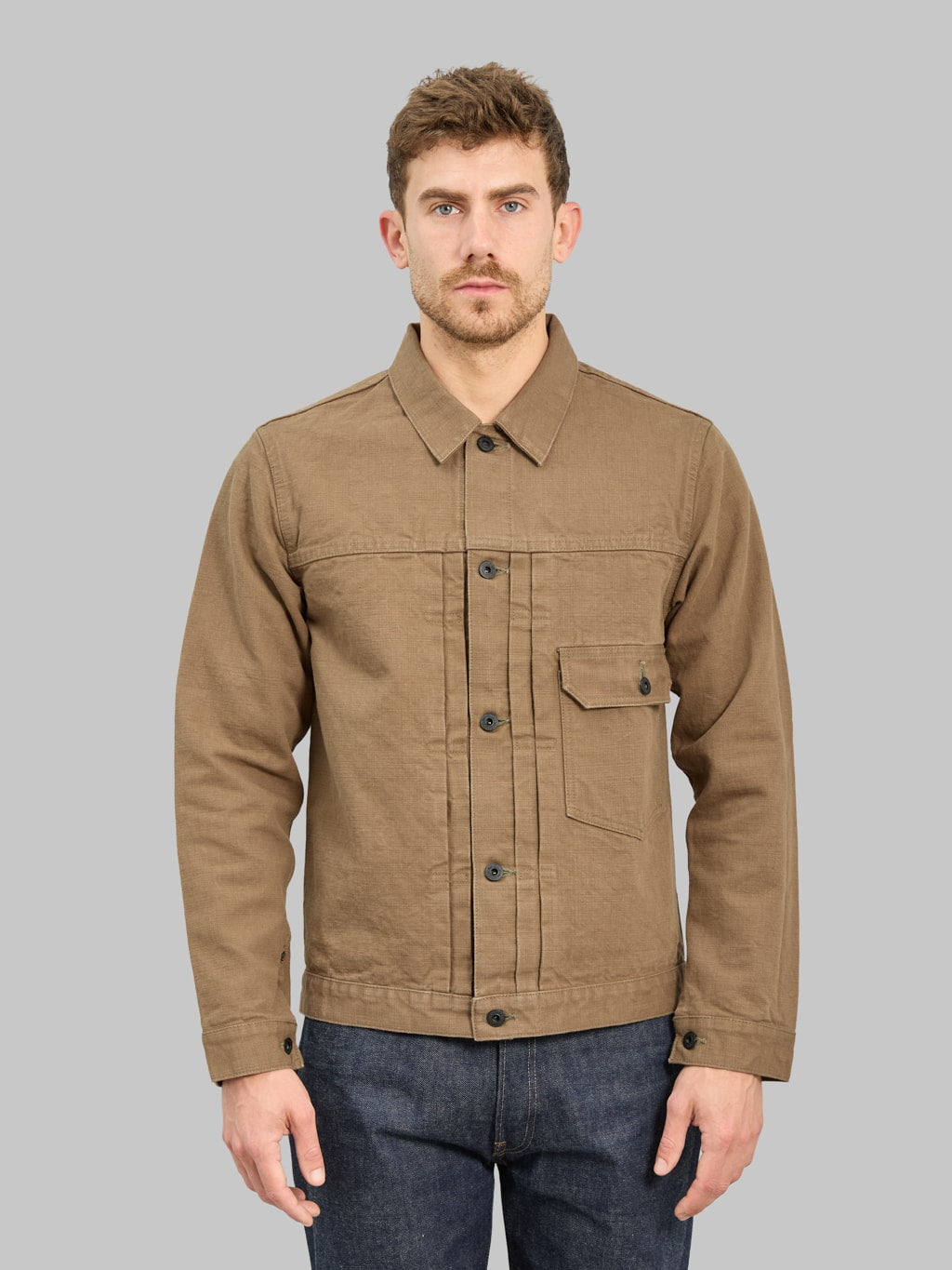 ONI Denim 01507L HOXBRK 13oz Type Ⅰ Jacket Brown Khaki front fit
