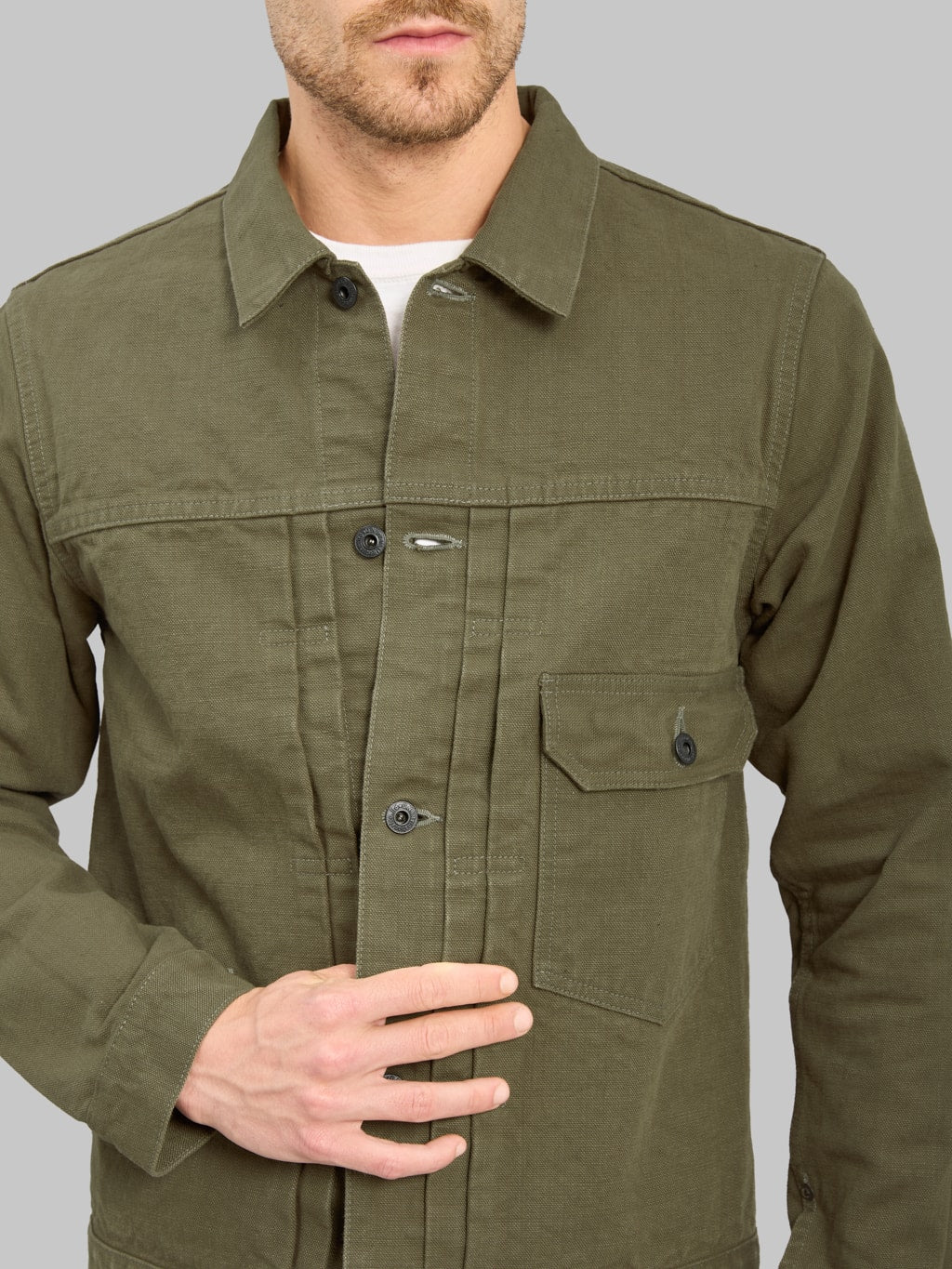 ONI Denim 01507L HOXOLB 13oz Jacket Olive Brown chest detail