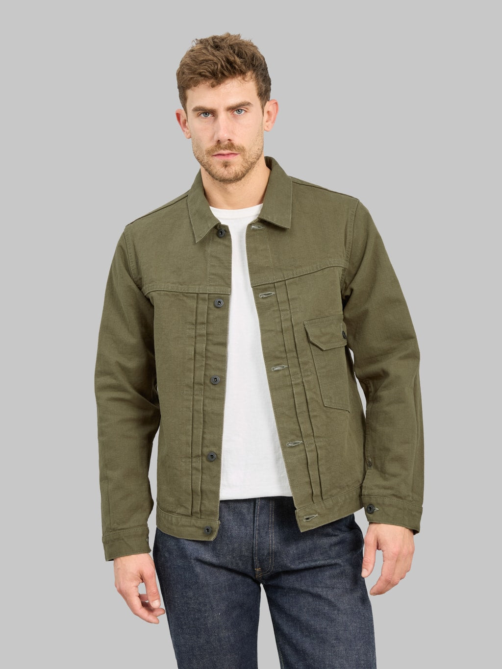 ONI Denim 01507L HOXOLB 13oz Jacket Olive Brown styled
