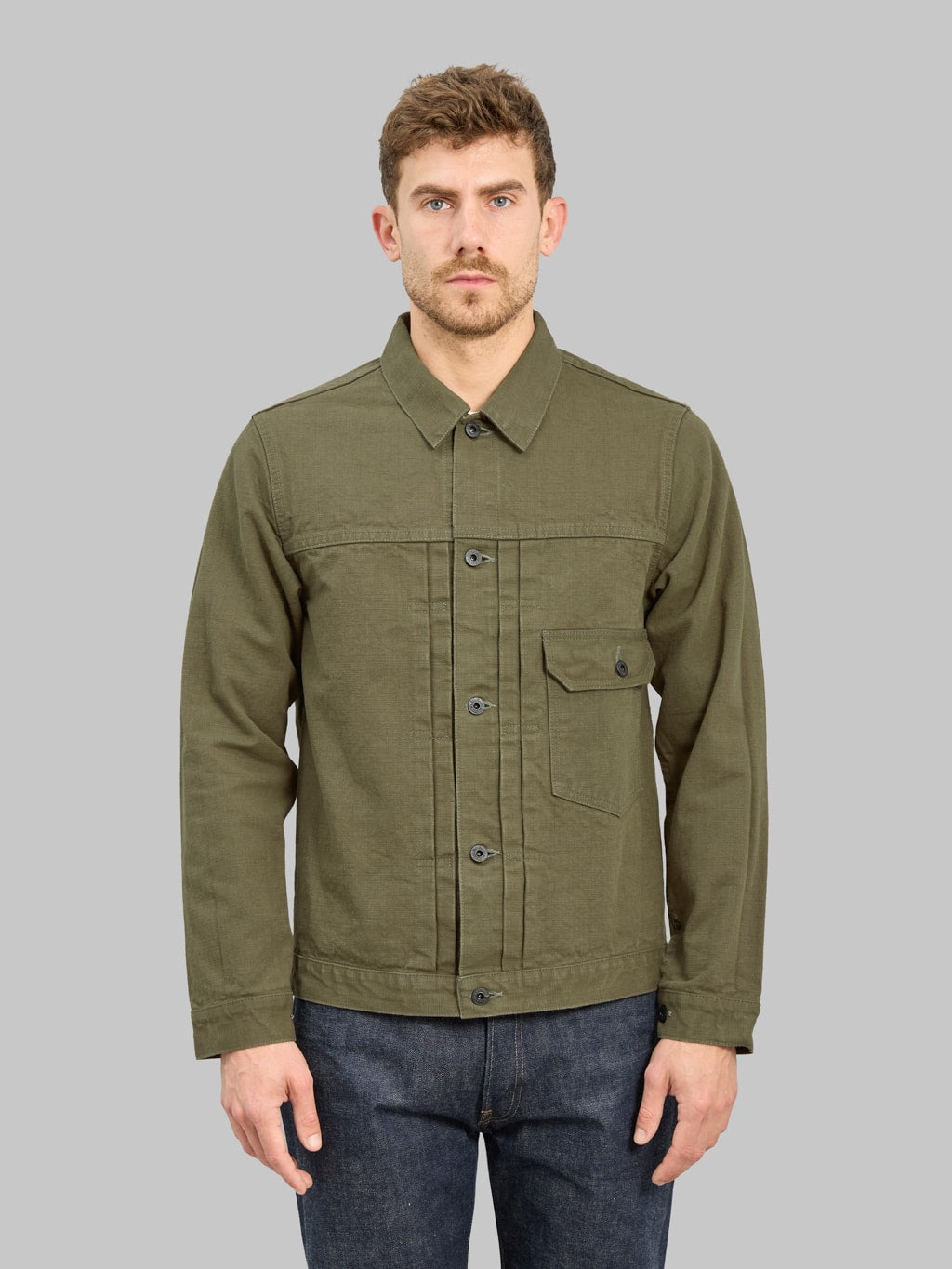 ONI Denim 01507L HOXOLB 13oz Jacket Olive Brown front fit