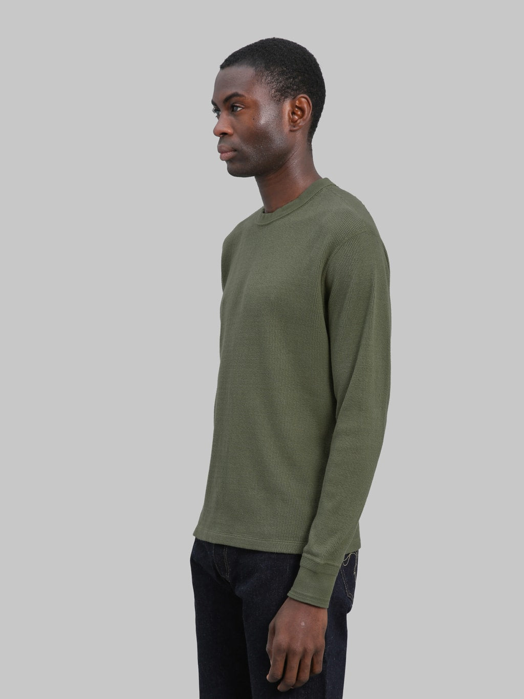 Loop & Weft Supima Long Honeycomb Knit Crewneck Thermal Army Olive - Redcast Heritage Co.