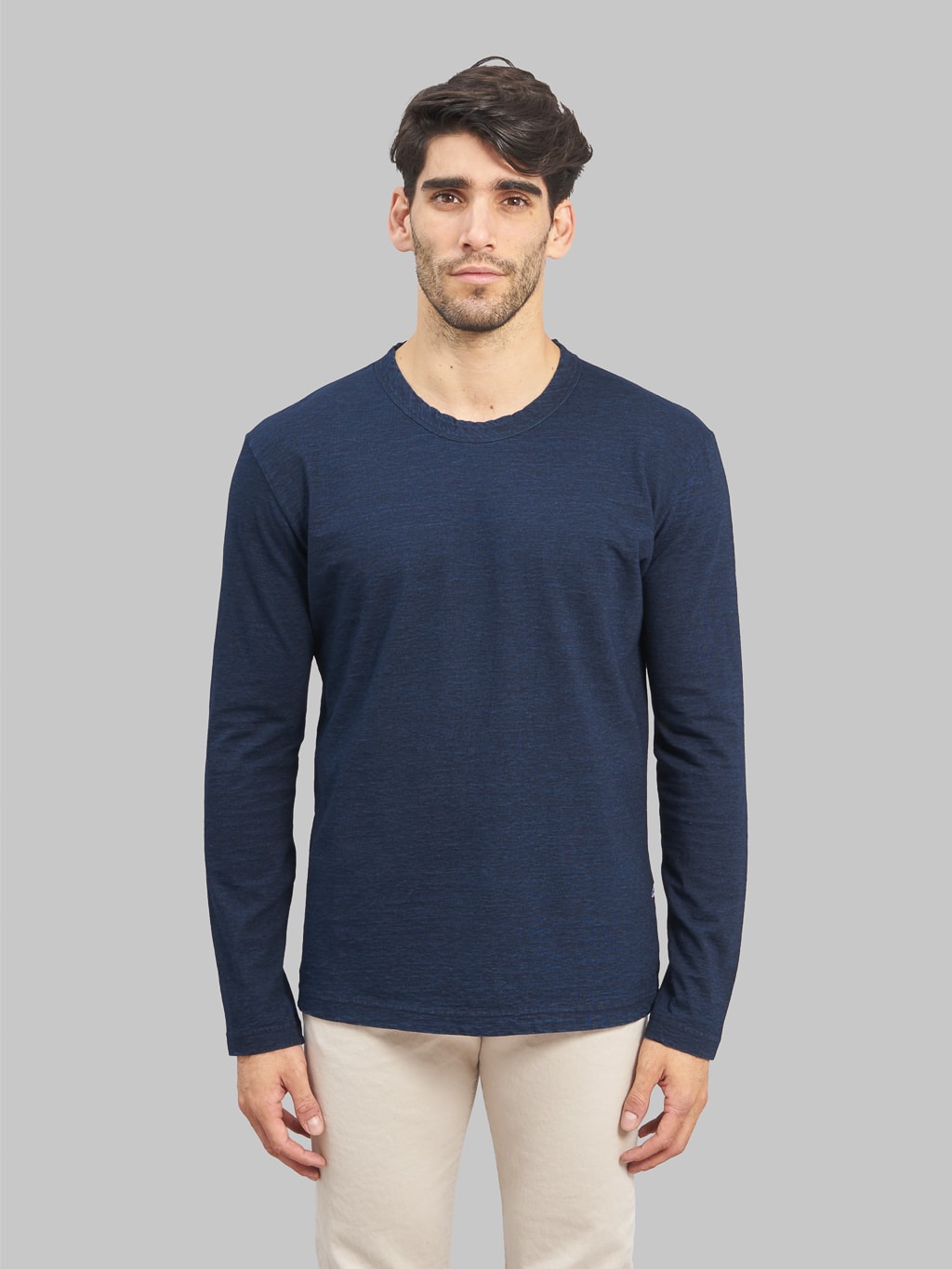 pure blue japan indigo crewneck tshirt model front fit