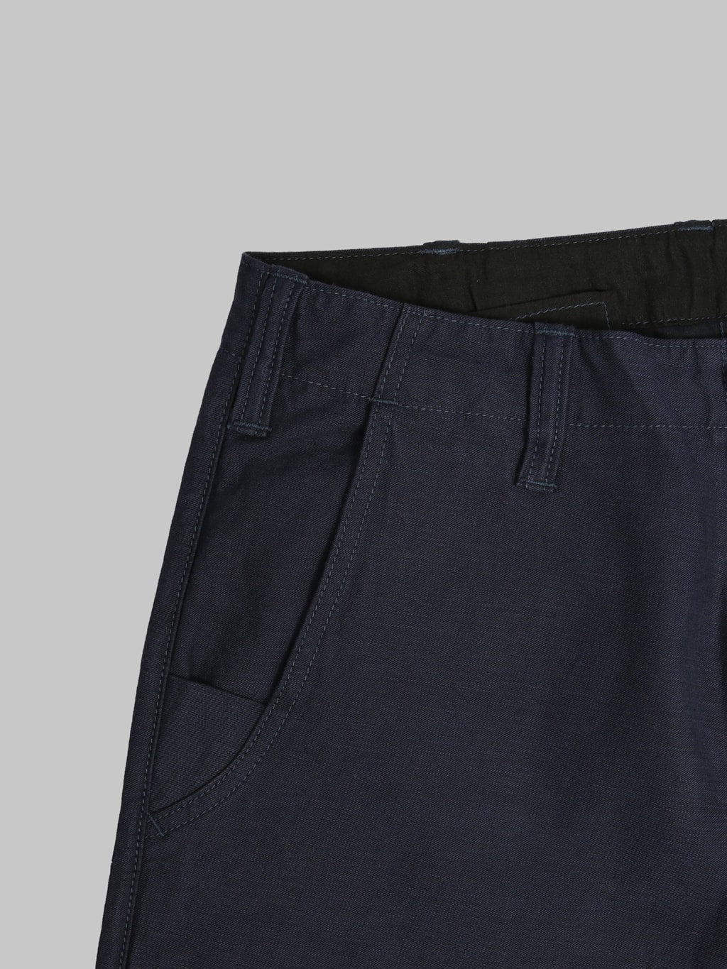 Pure Blue Japan 1185NV Satin Sulfur Dye Piped Straight Trousers Navy side pocket