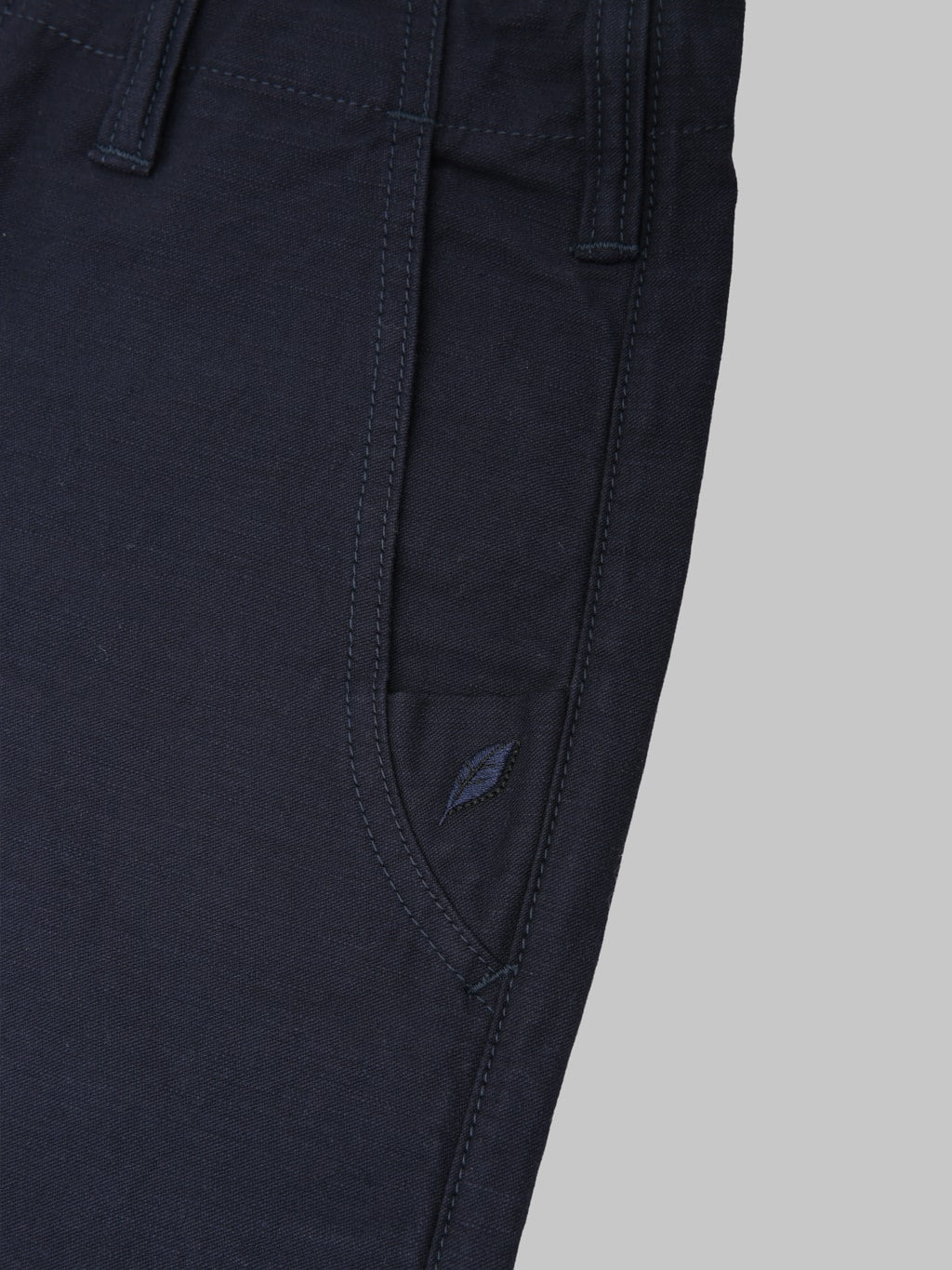 Pure Blue Japan 1185NV Satin Sulfur Dye Piped Straight Trousers Navy embroided logo