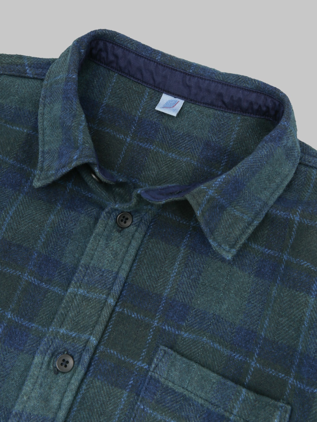 Pure Blue Japan 2235 Indigo Overdyed Cotton Tweed Check Shirt Brown tag