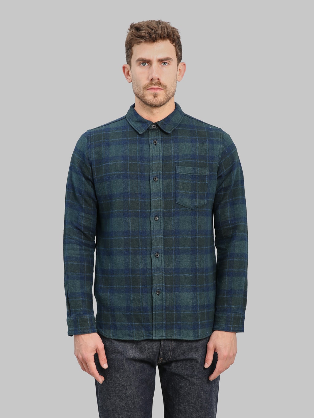 Pure Blue Japan 2235 Indigo Overdyed Cotton Tweed Check Shirt Brown fit