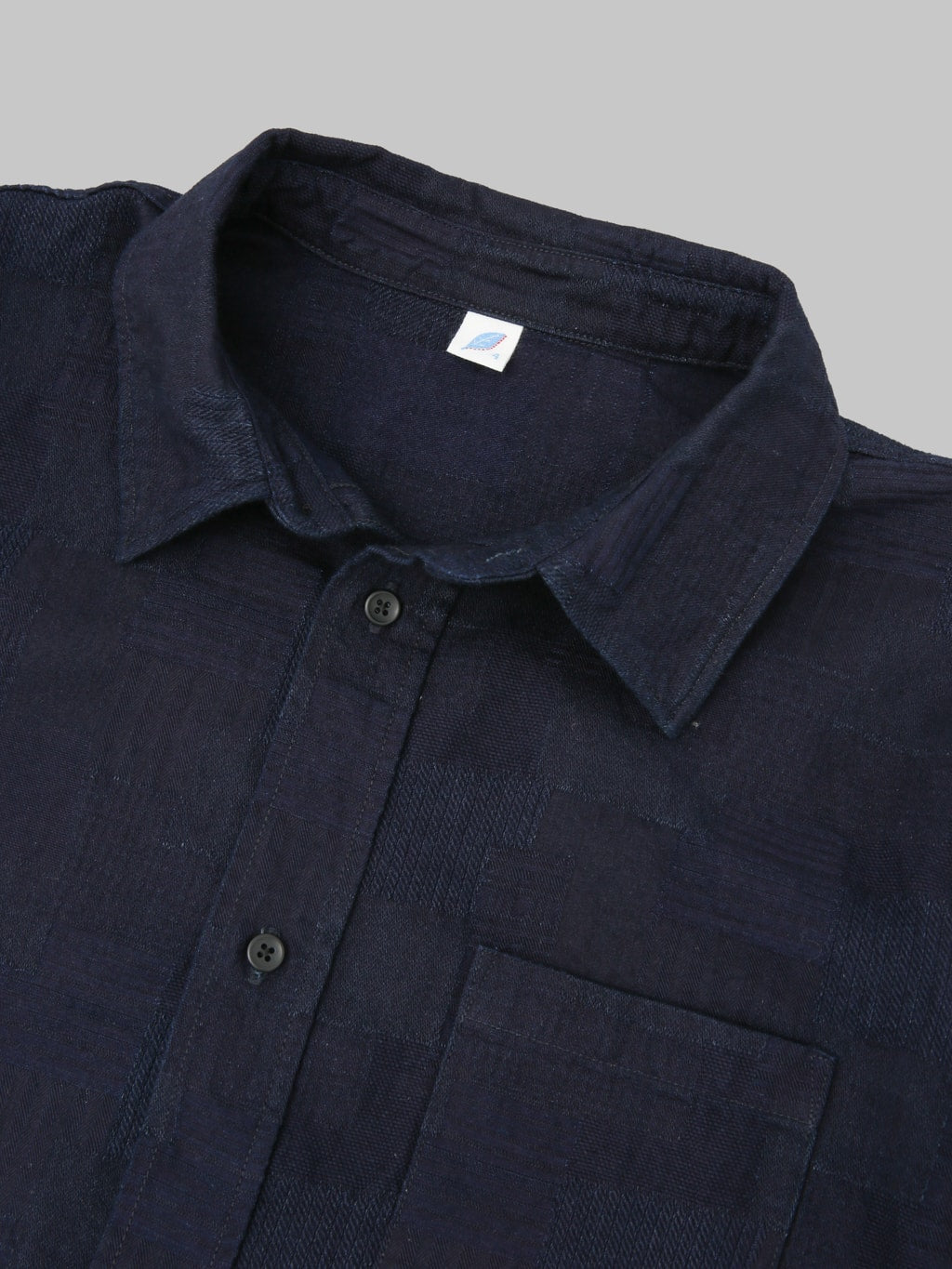 Pure Blue Japan 2239ID Jacquard Boro Patchwork Double Indigo Shirt brand tag