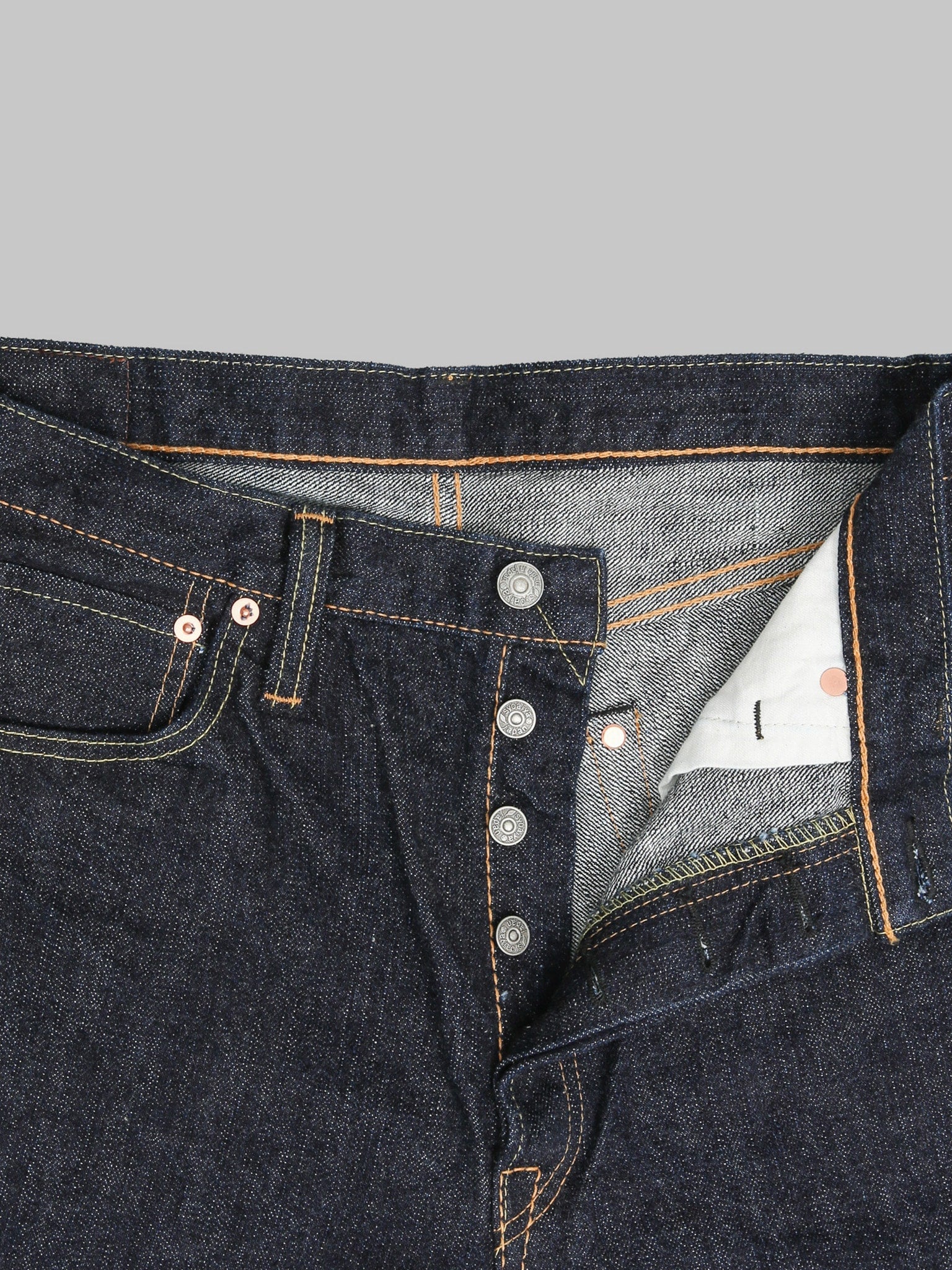 Pure Blue Japan XX002 14oz Pipe Straight Jeans buttons