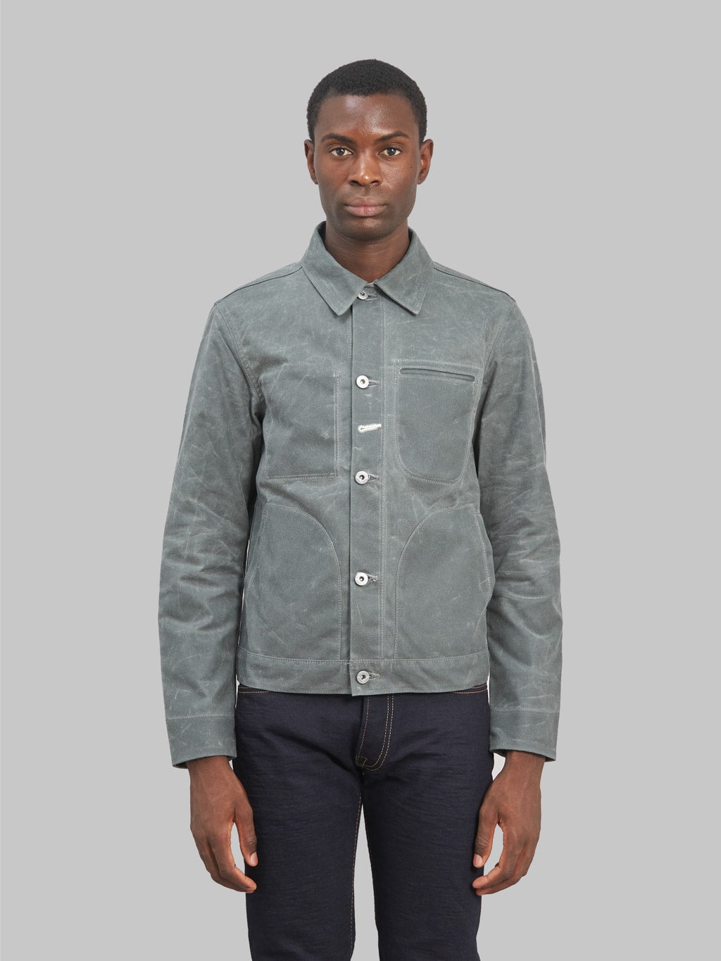 rogue territory waxed canvas supply jacket grey ridgeline model front fit