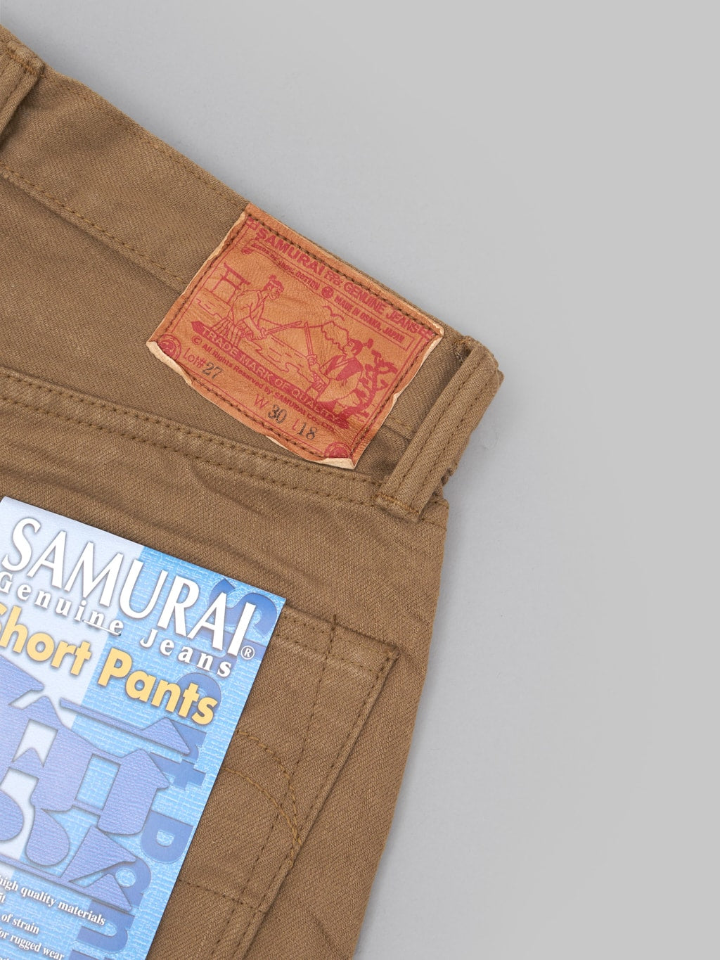 samurai jeans 15oz selvedge chino shorts khaki leather patch