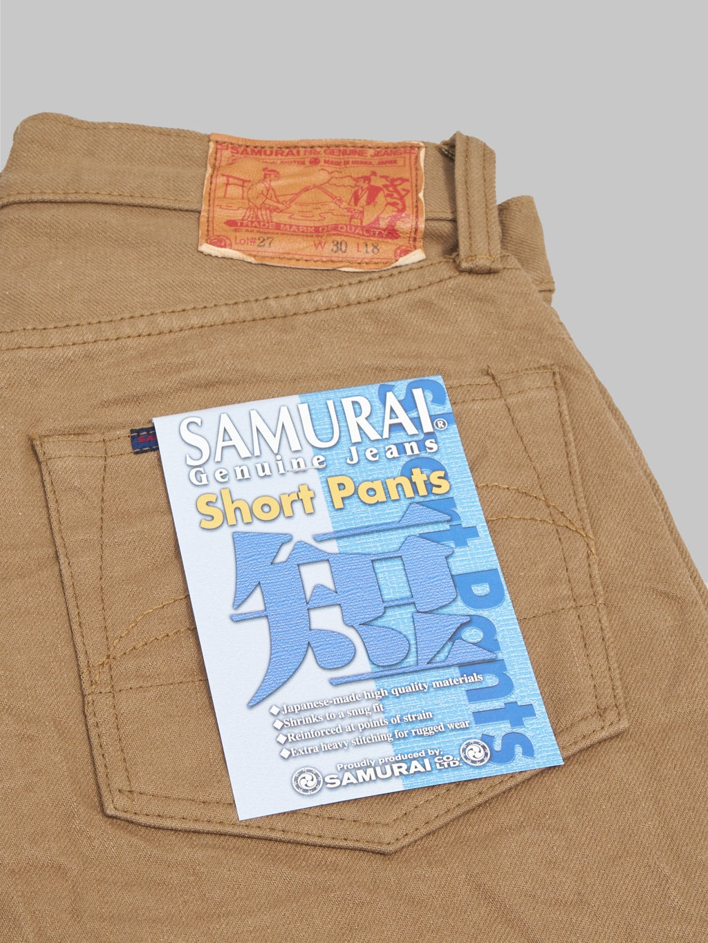samurai jeans 15oz selvedge chino shorts khaki flasher