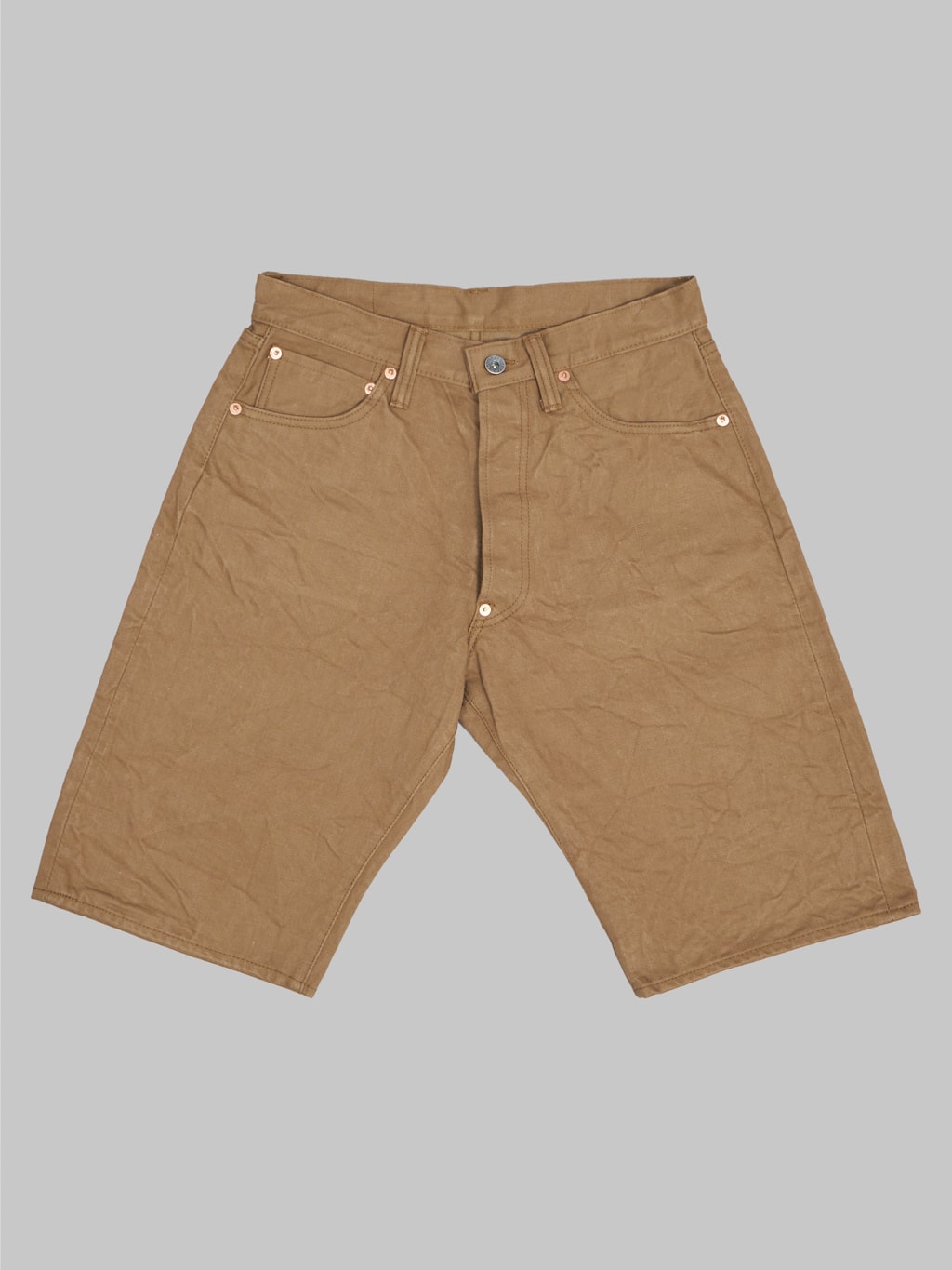 samurai jeans 15oz selvedge chino shorts khaki front details