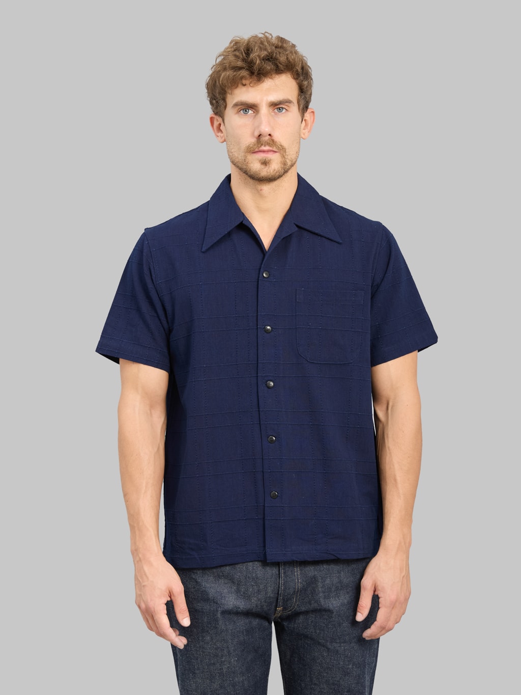 Samurai Jeans SOS26-ARS Indigo Sashiko Lattice Open Collar Shirt