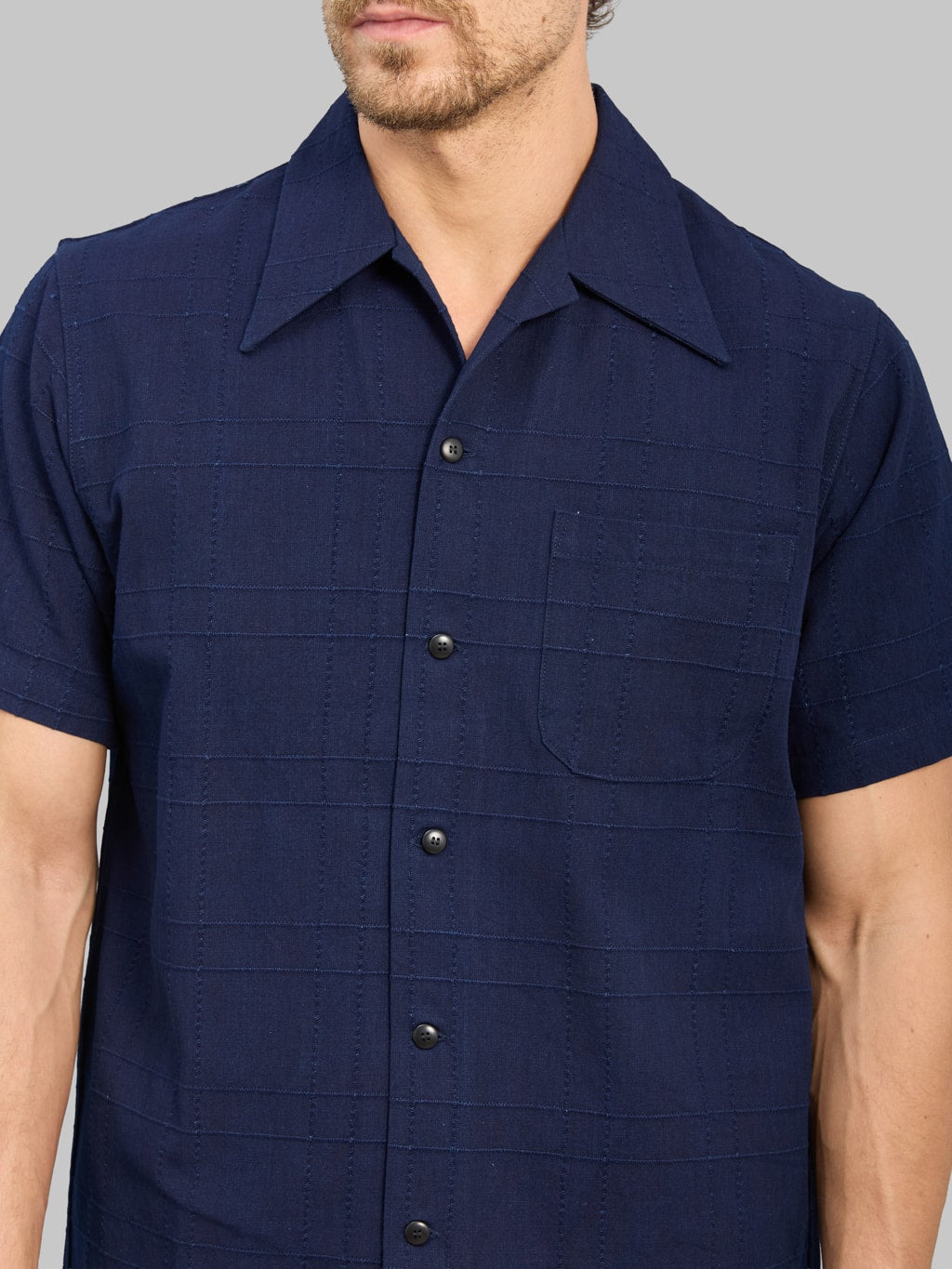 Samurai Jeans SOS26-ARS Indigo Sashiko Lattice Open Collar Shirt