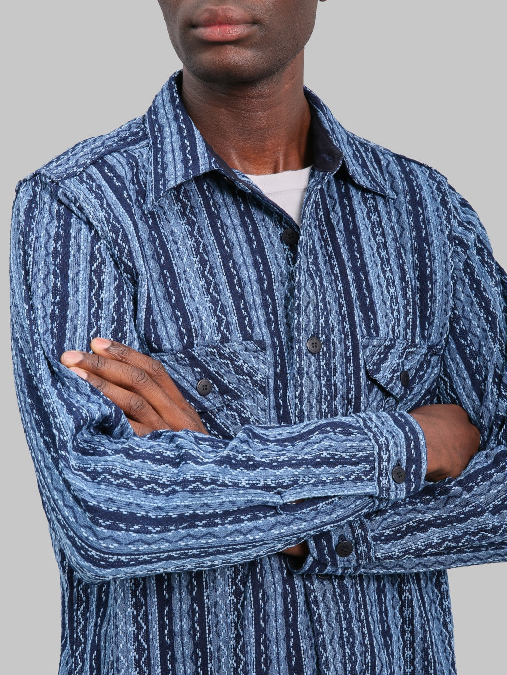 Samurai Jeans SSS25-SKSW Western Cut Natural Indigo Sahiko Stripe Shirt - Redcast Heritage Co.