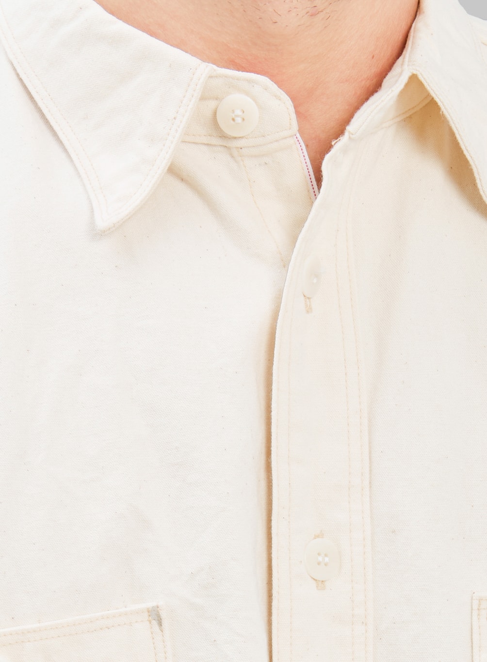 Samurai Jeans SJCBS25W Rain Selvedge Chambray Work Shirt Ecru open collar