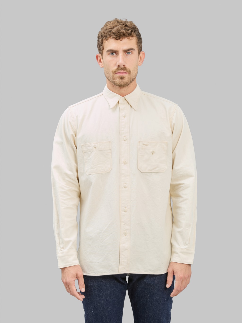 Samurai Jeans SJCBS25W Rain Selvedge Chambray Work Shirt Ecru front look