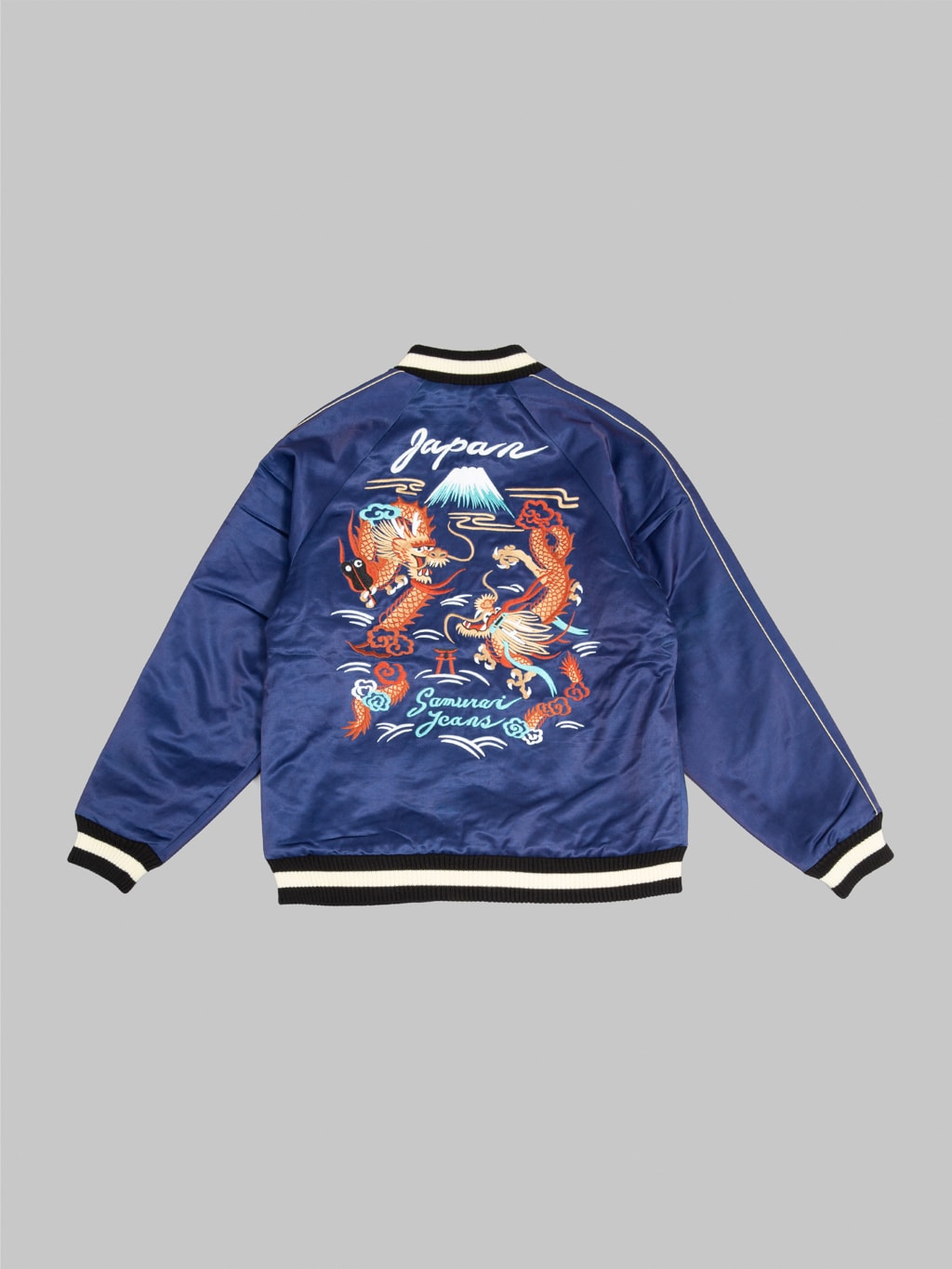 samurai jeans sukajan embroidered satin indigo souvenir jacket back