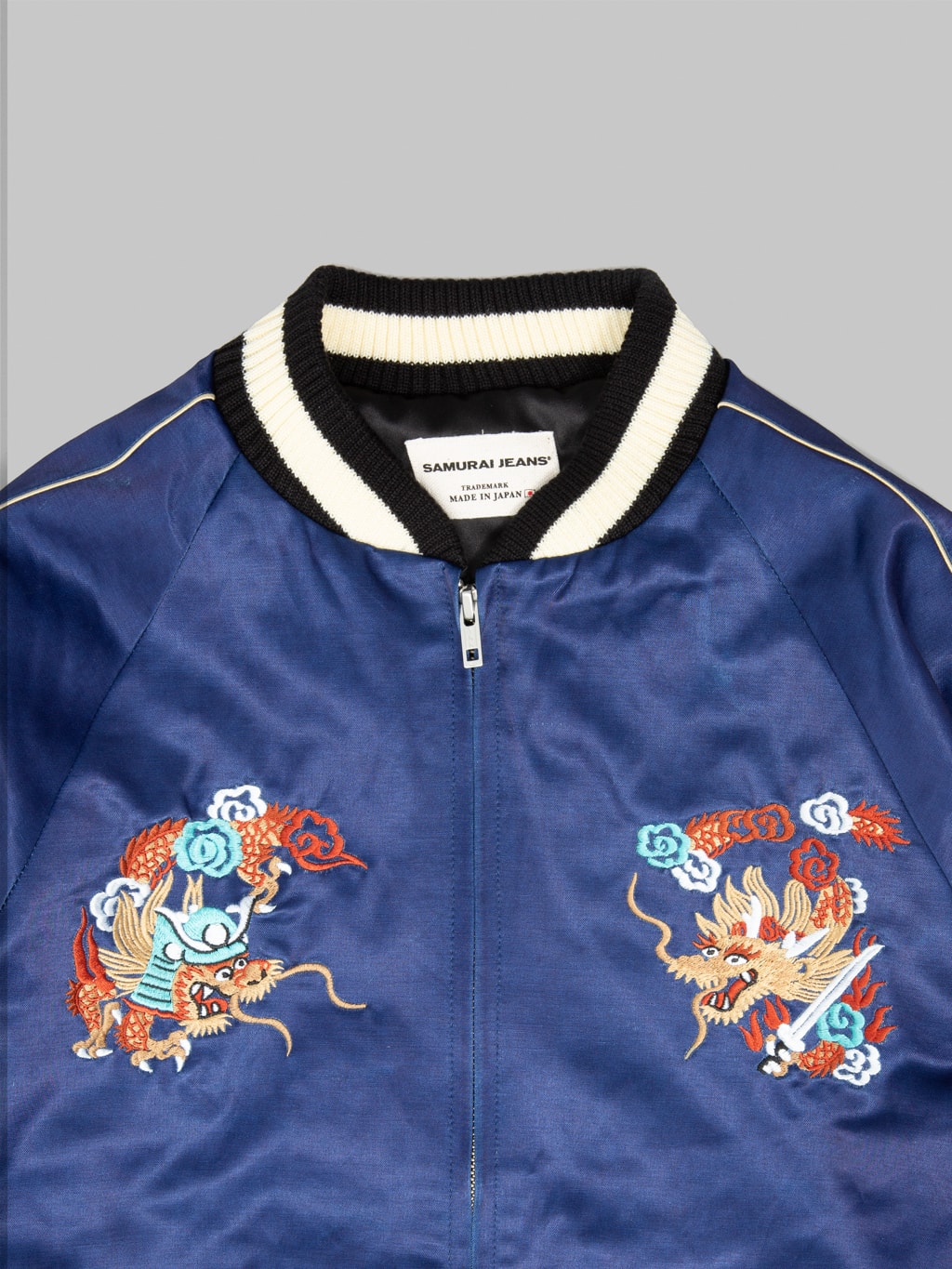 samurai jeans sukajan embroidered satin indigo souvenir jacket chest details