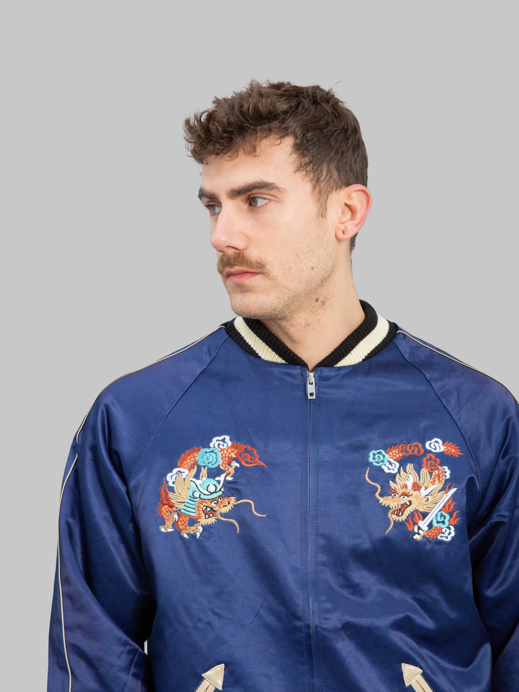 samurai jeans sukajan embroidered satin indigo souvenir jacket chest