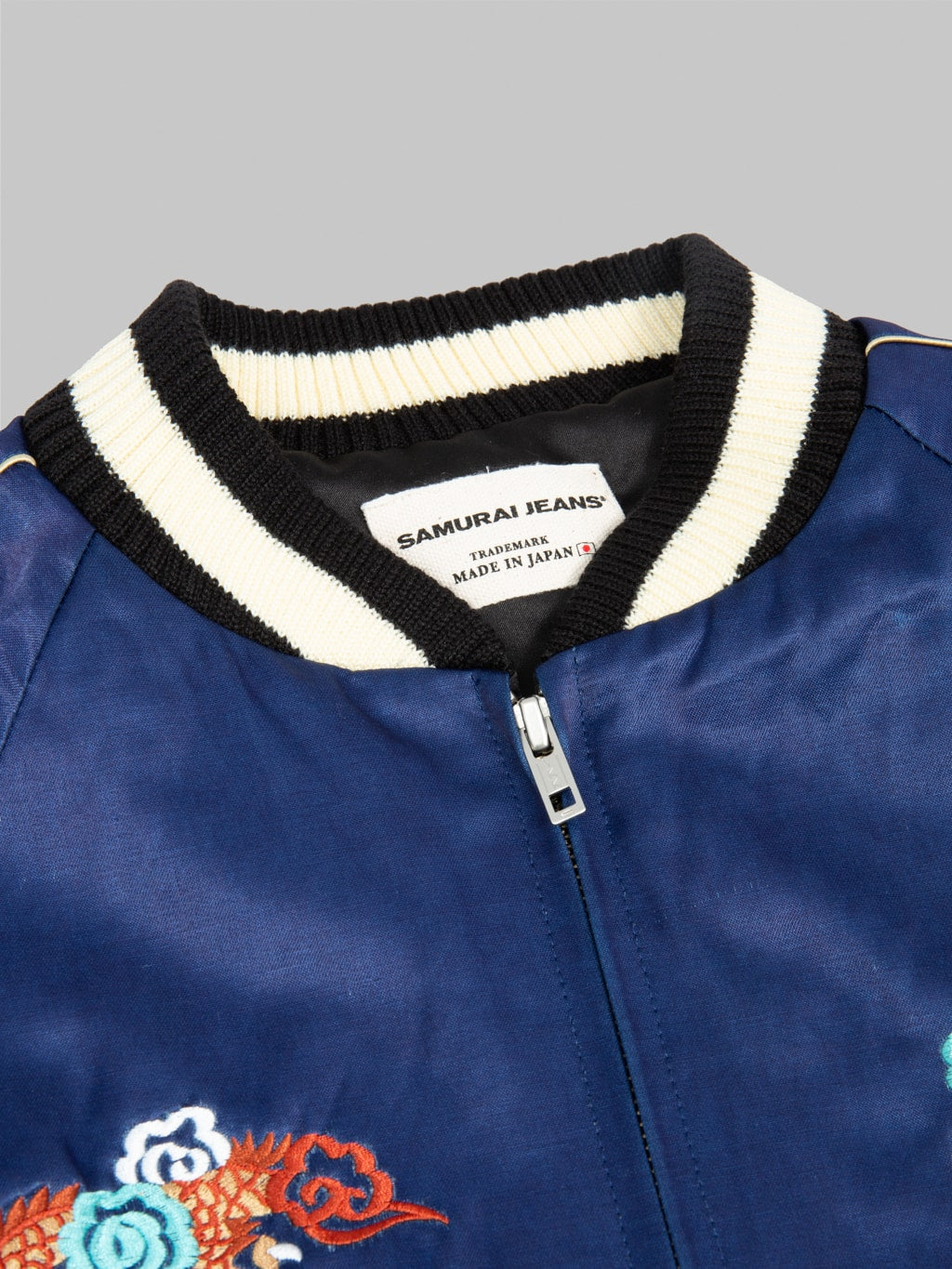 samurai jeans sukajan embroidered satin indigo souvenir jacket collar