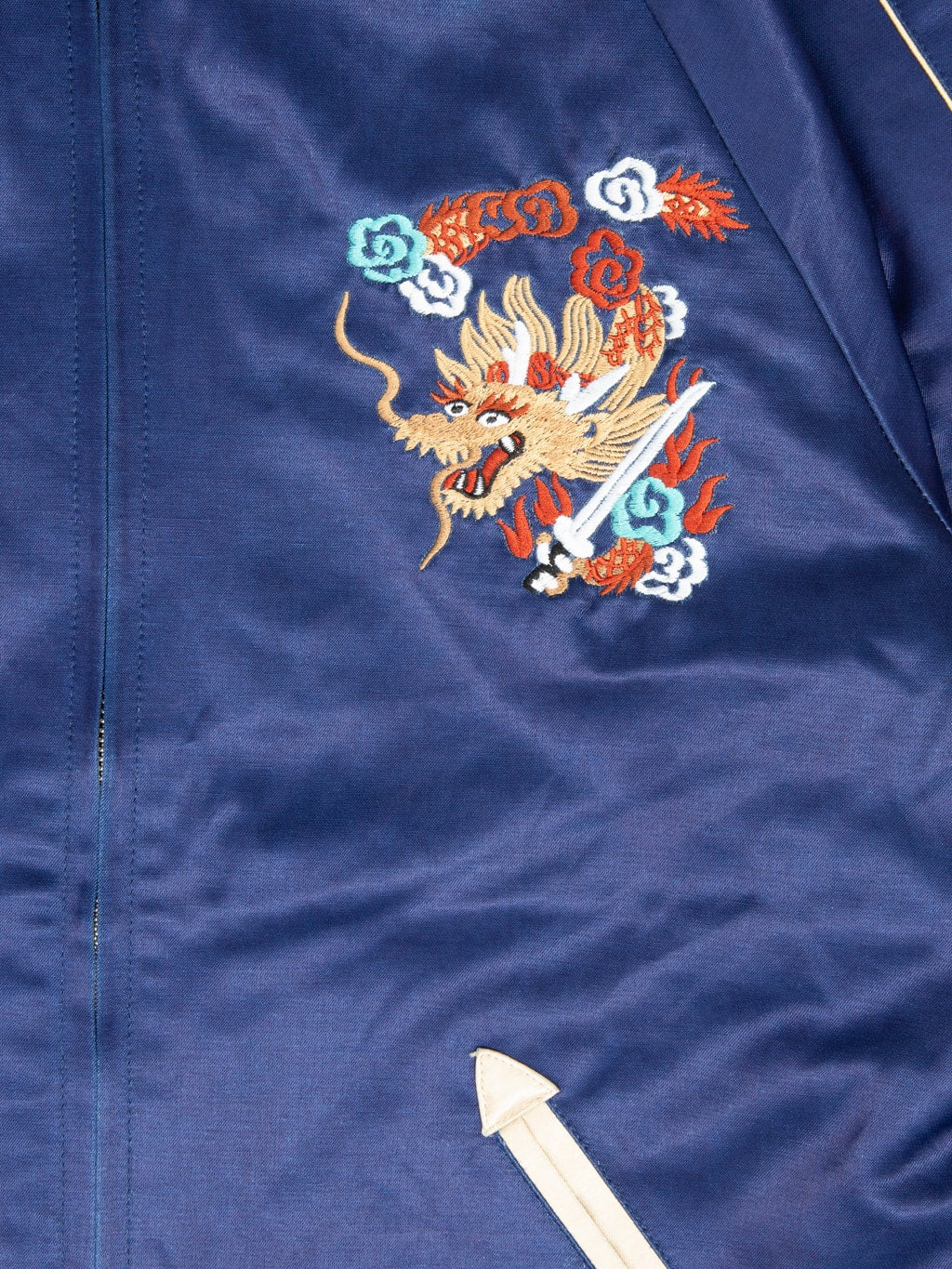 samurai jeans sukajan embroidered satin indigo souvenir jacket YKK zipper