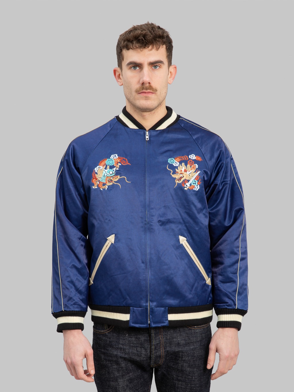 samurai jeans sukajan embroidered satin indigo souvenir jacket front fit