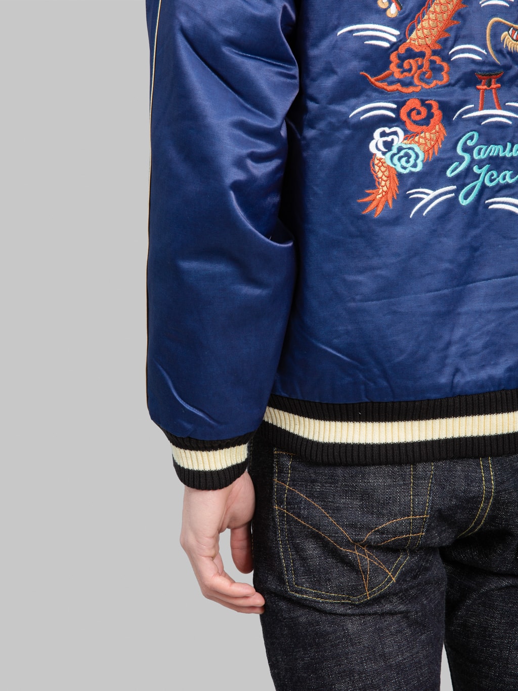 samurai jeans sukajan embroidered satin indigo souvenir jacket cuff details