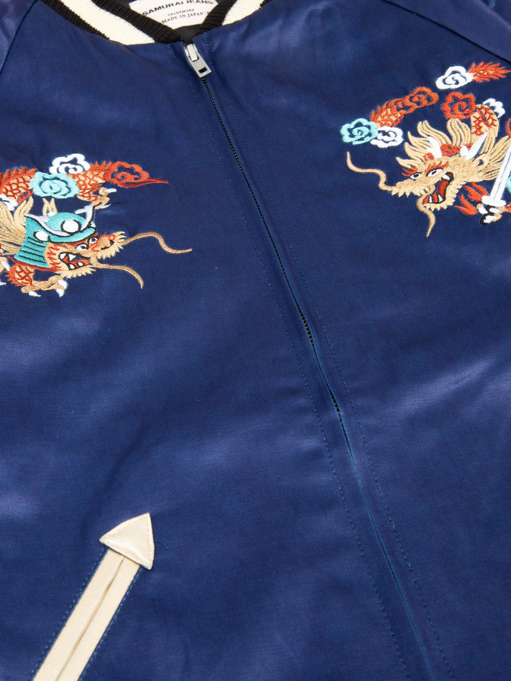 samurai jeans sukajan embroidered satin indigo souvenir jacket zip