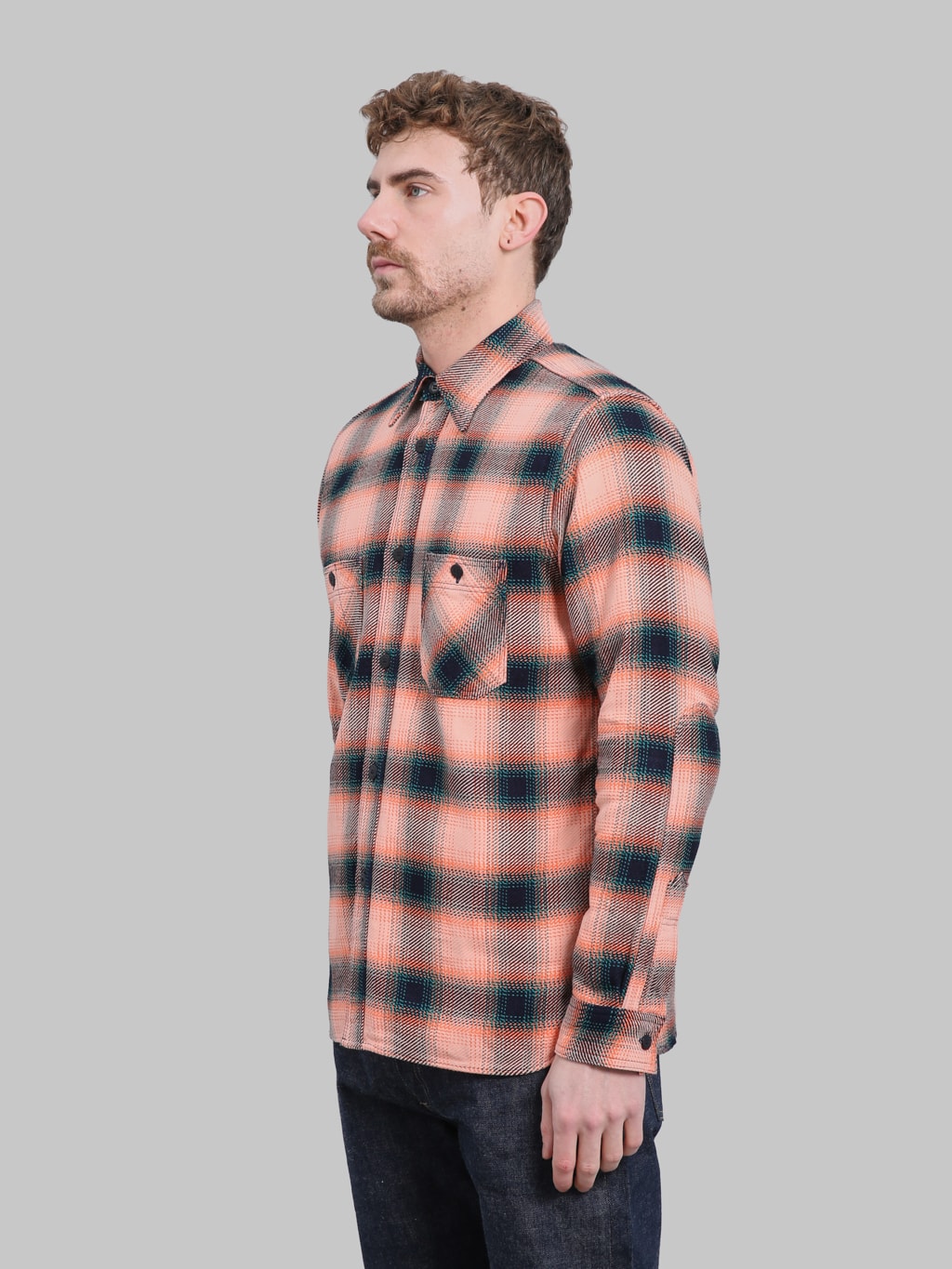 Samurai Jeans SIN25-01W Western Cut Rope Dyed Indigo Flannel Shirt Pink