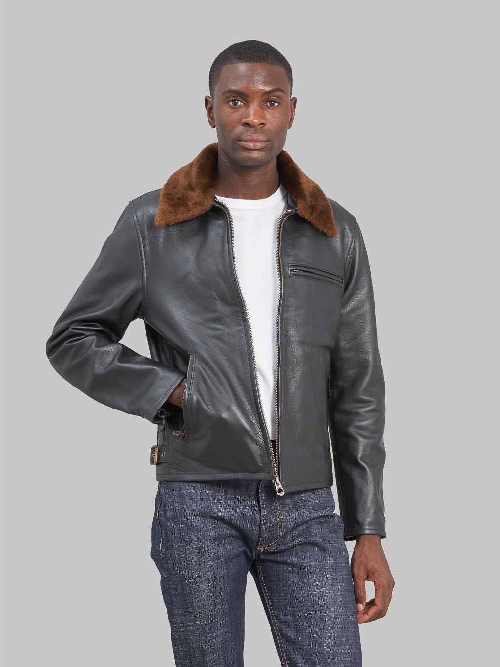 Black leather shop jacket faux fur