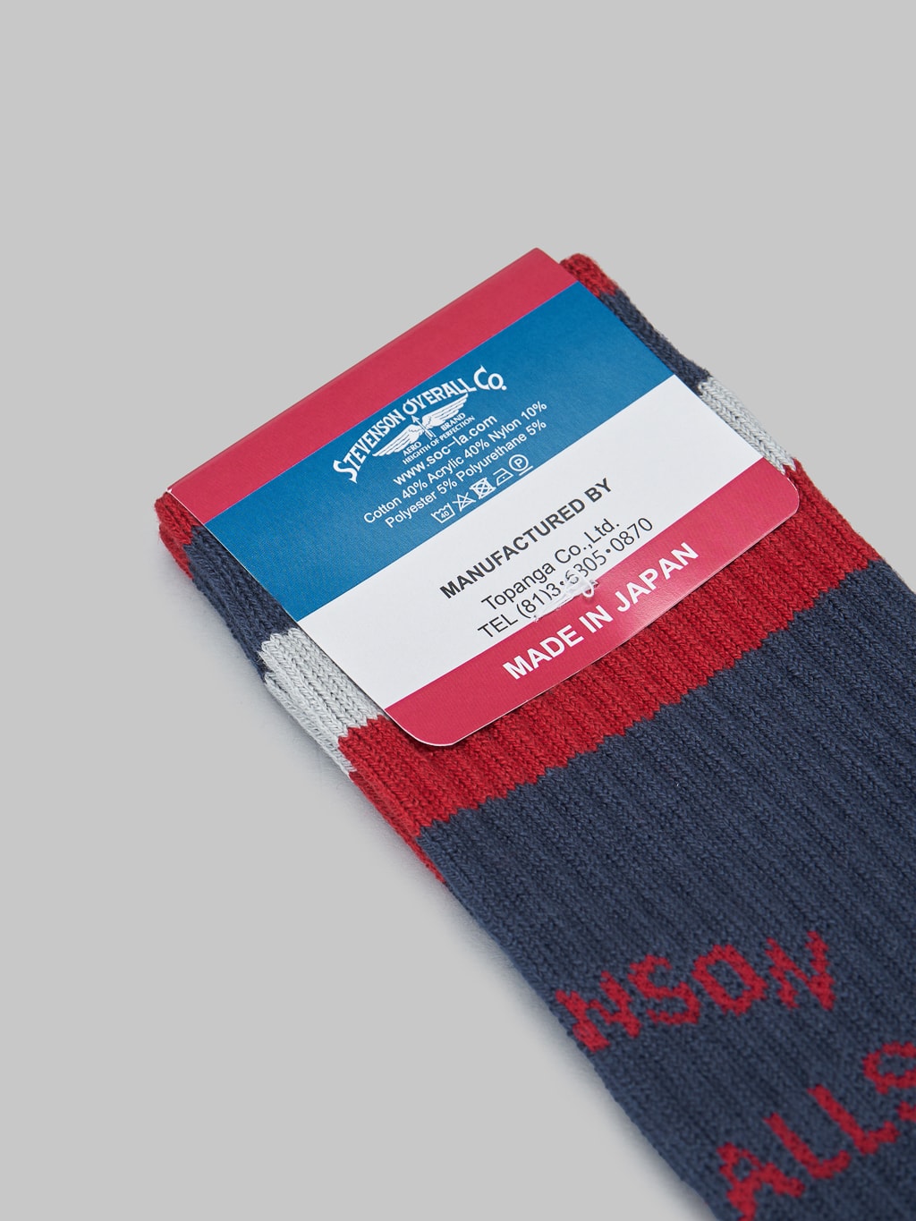 Stevenson Overall Athletic Socks navy label made in japan