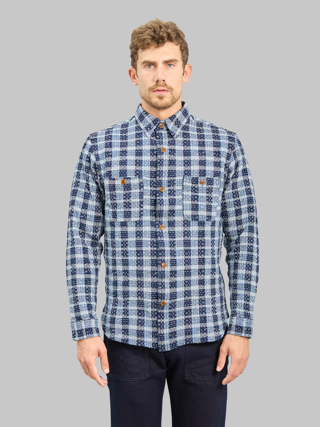 Studio D'Artisan 5737 Indigo Plaid Noragi Sashiko Work Shirt | Japan
