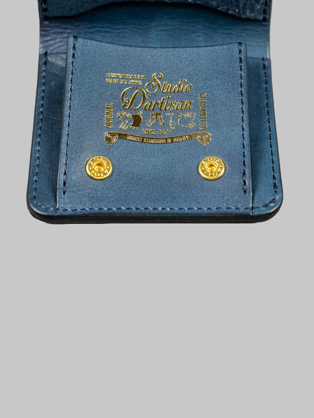 Studio Dartisan indigo leather mini wallet hand stamped logo