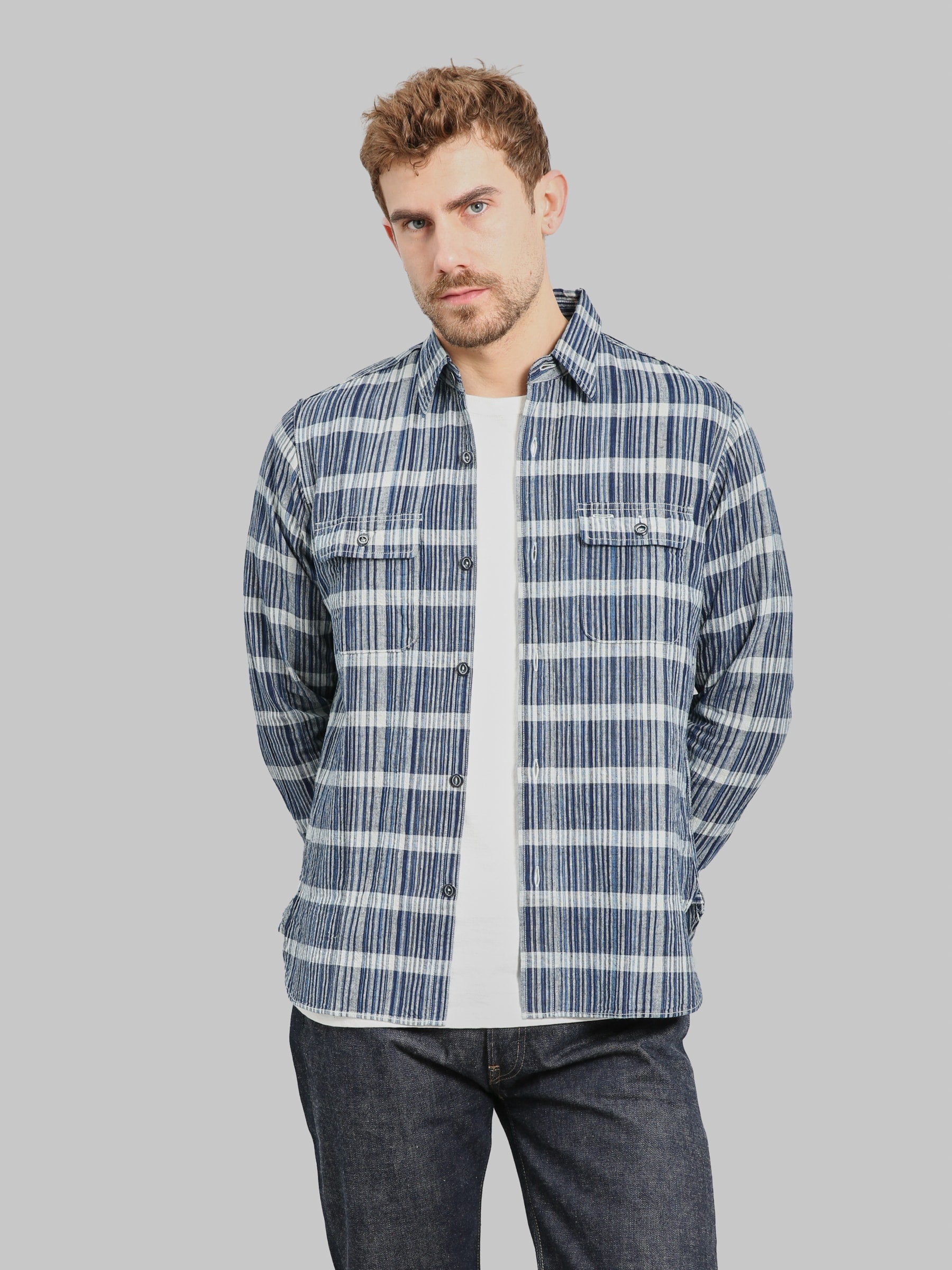 Sugar Cane Fiction Romance 5oz Indigo Check Work Shirt