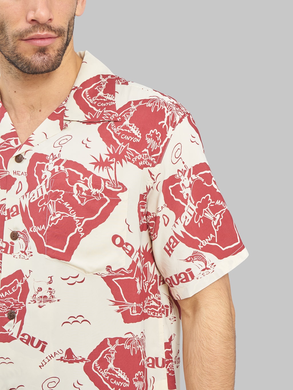 sun surf hawaiian shirt showing hawaiian island  chest details
