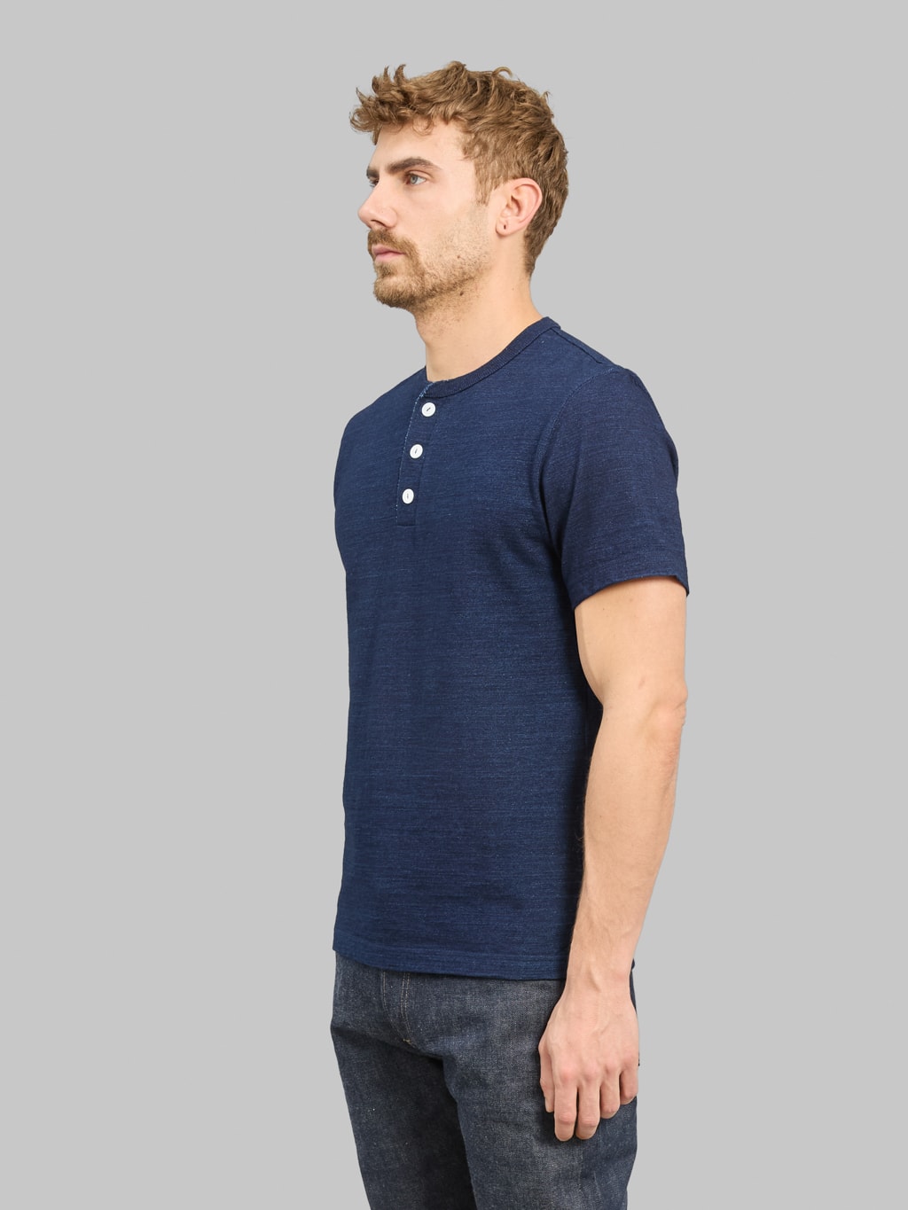 Tanuki HSS Heavy Shinkai Indigo Henley TShirt side fit
