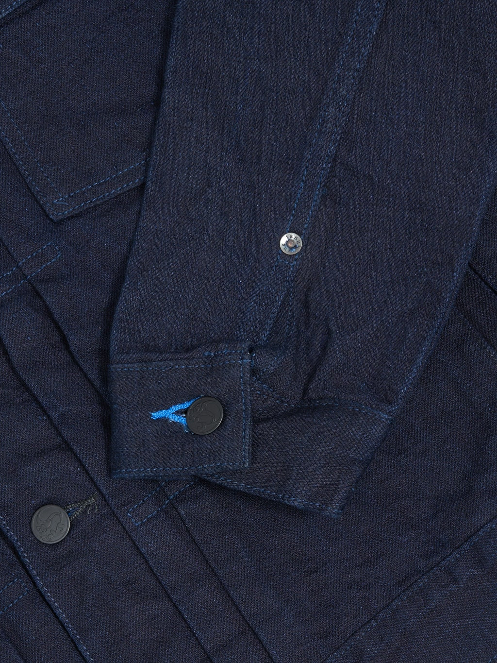 tanuki indigo x indigo 15oz type 2 selvedge denim jacket cuff closeup