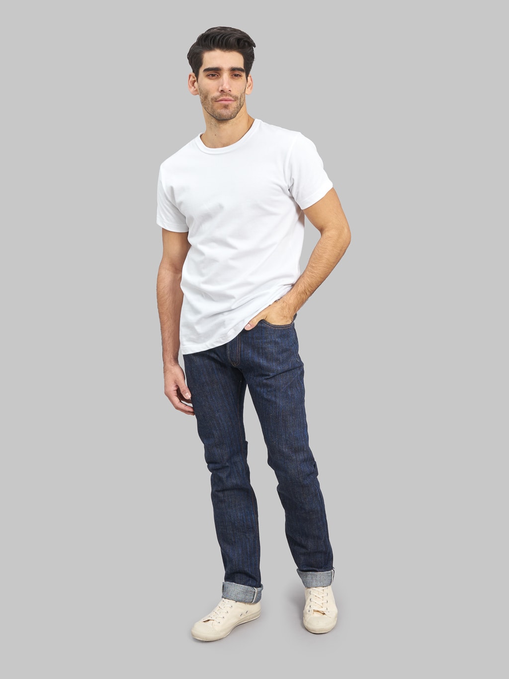 the Strike Gold 8109 Shower Slub Slim Tapered Jeans styled
