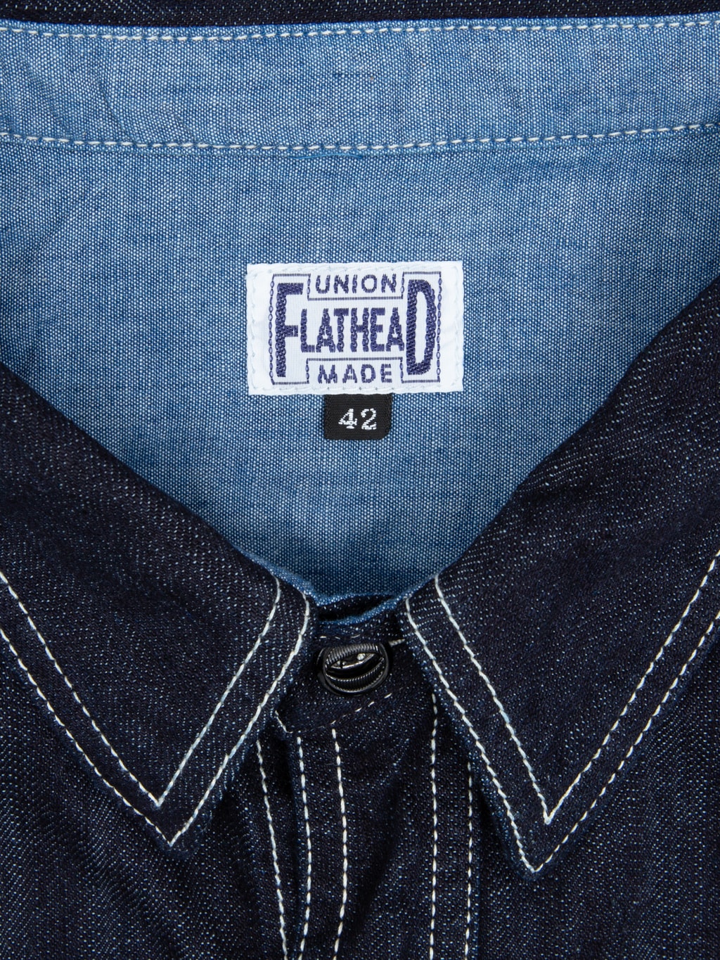 the flat head 10oz selvedge denim work shirt closeup